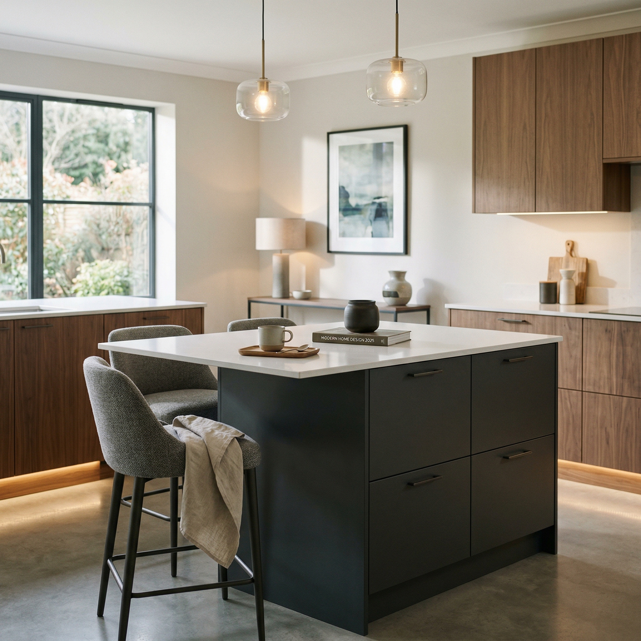 Bespoke kitchen island detail, matt painted handleless slab cabinetry with quality joinery