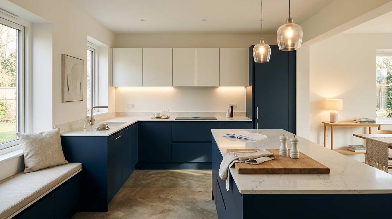 hero_1200x675 Wide view of a newly completed bespoke Mastercraft kitchen, matt painted handleless slab cabinetry in brilliant white tones