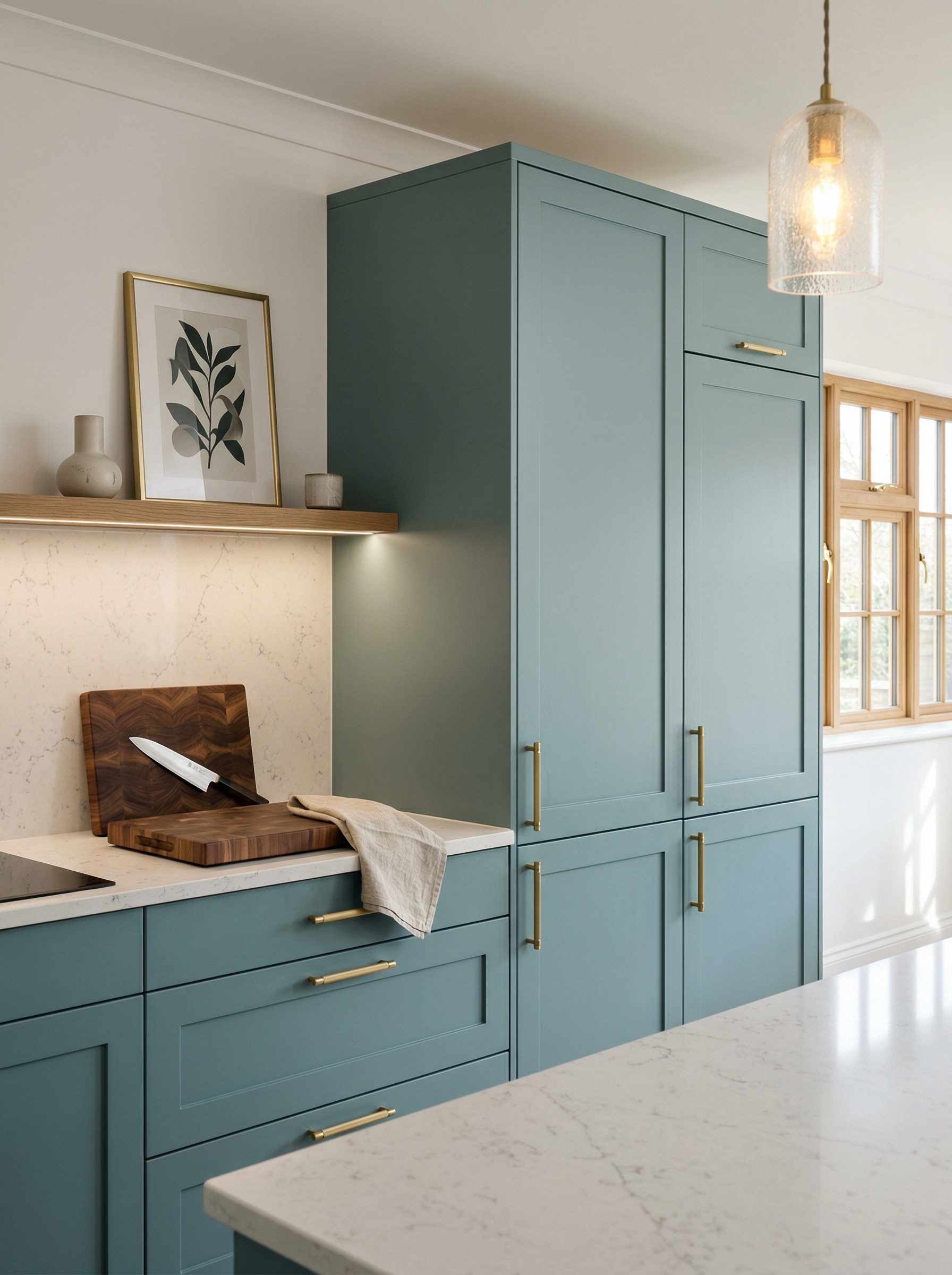 Tall view of full-height bespoke kitchen cabinetry, matt painted handleless slab cabinetry