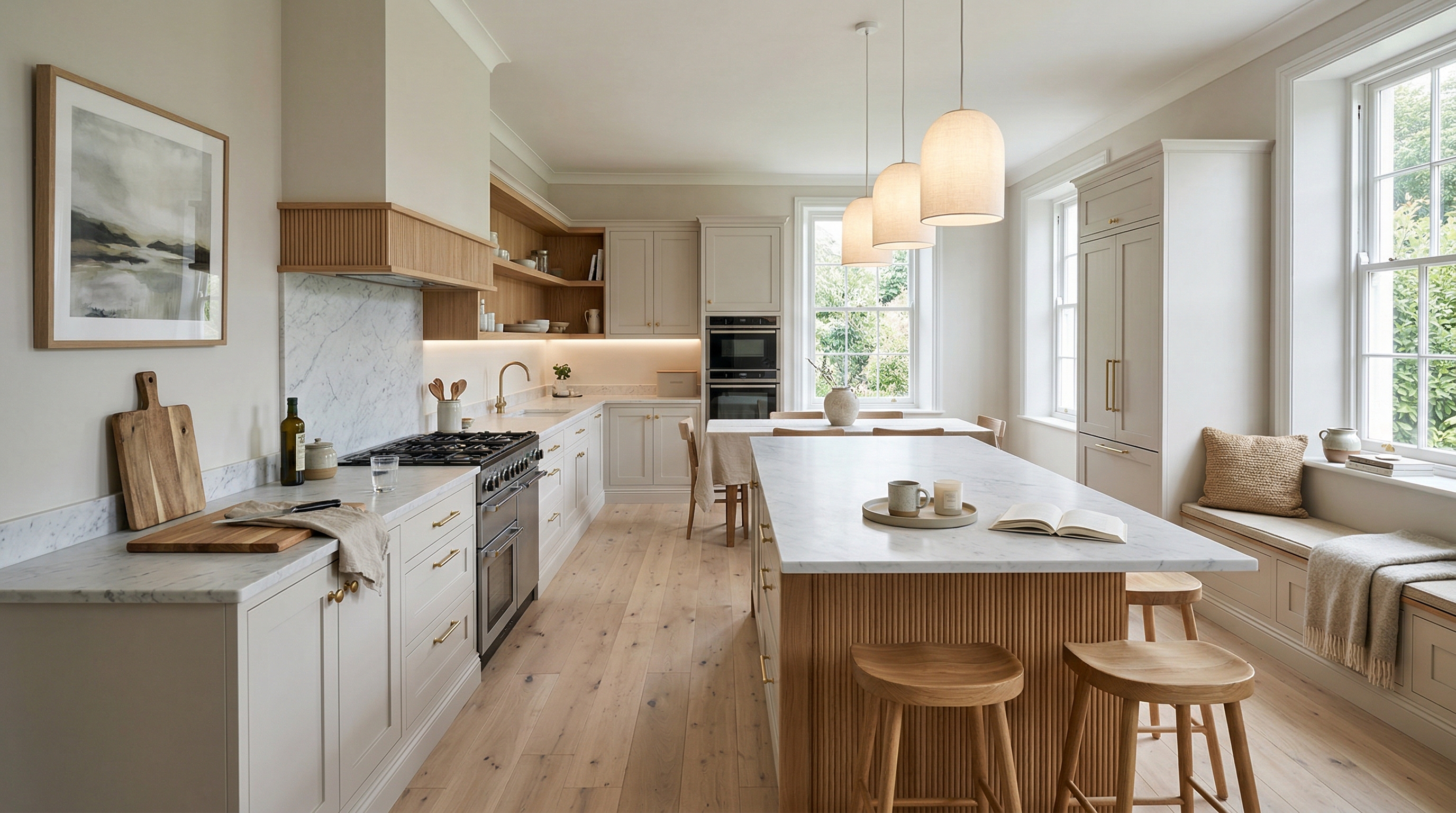 hero_1200x675 Wide view of a newly completed bespoke Mastercraft kitchen, timber veneer slab-door cabinetry in parisian blue tones