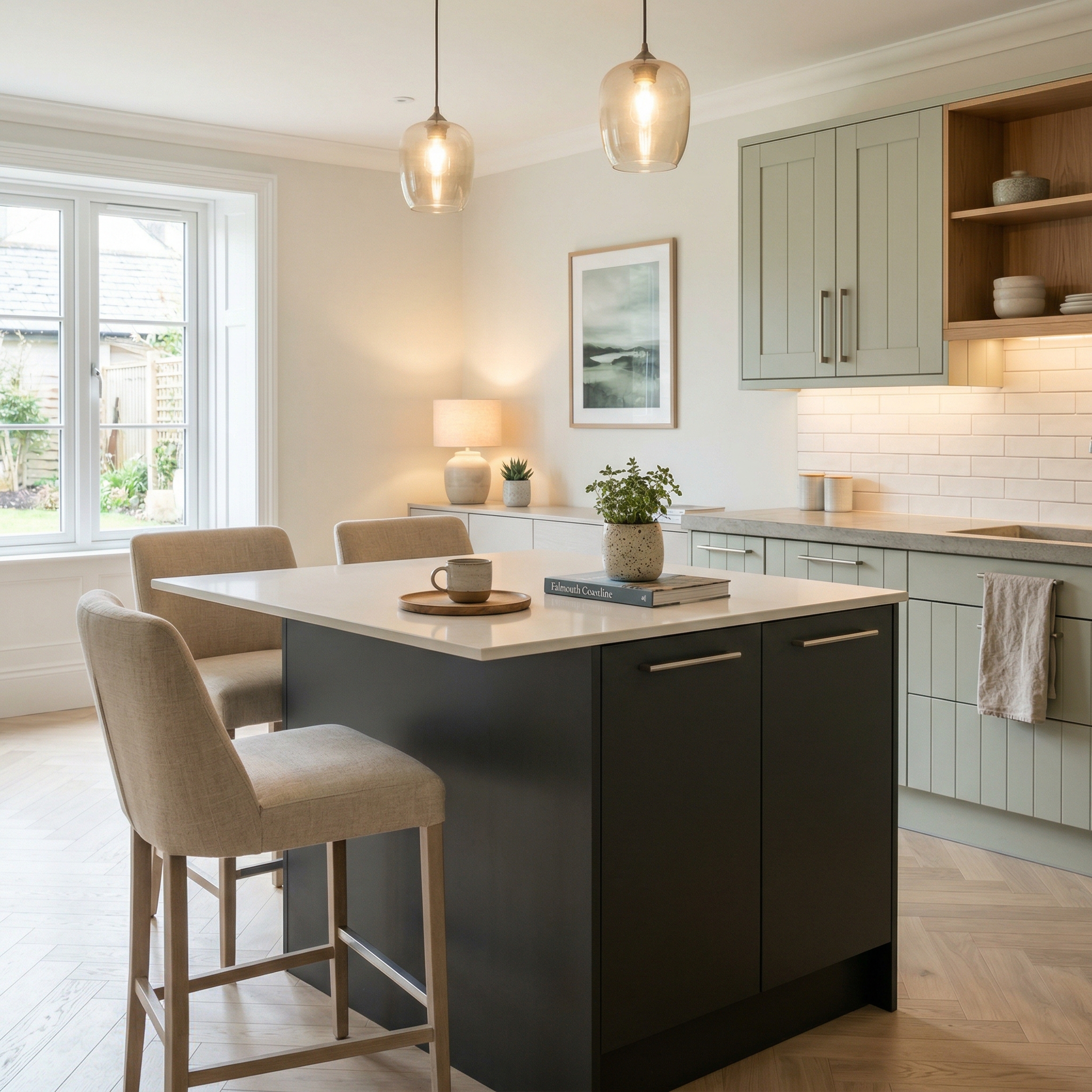 Bespoke kitchen island detail, timber veneer slab-door cabinetry with quality joinery