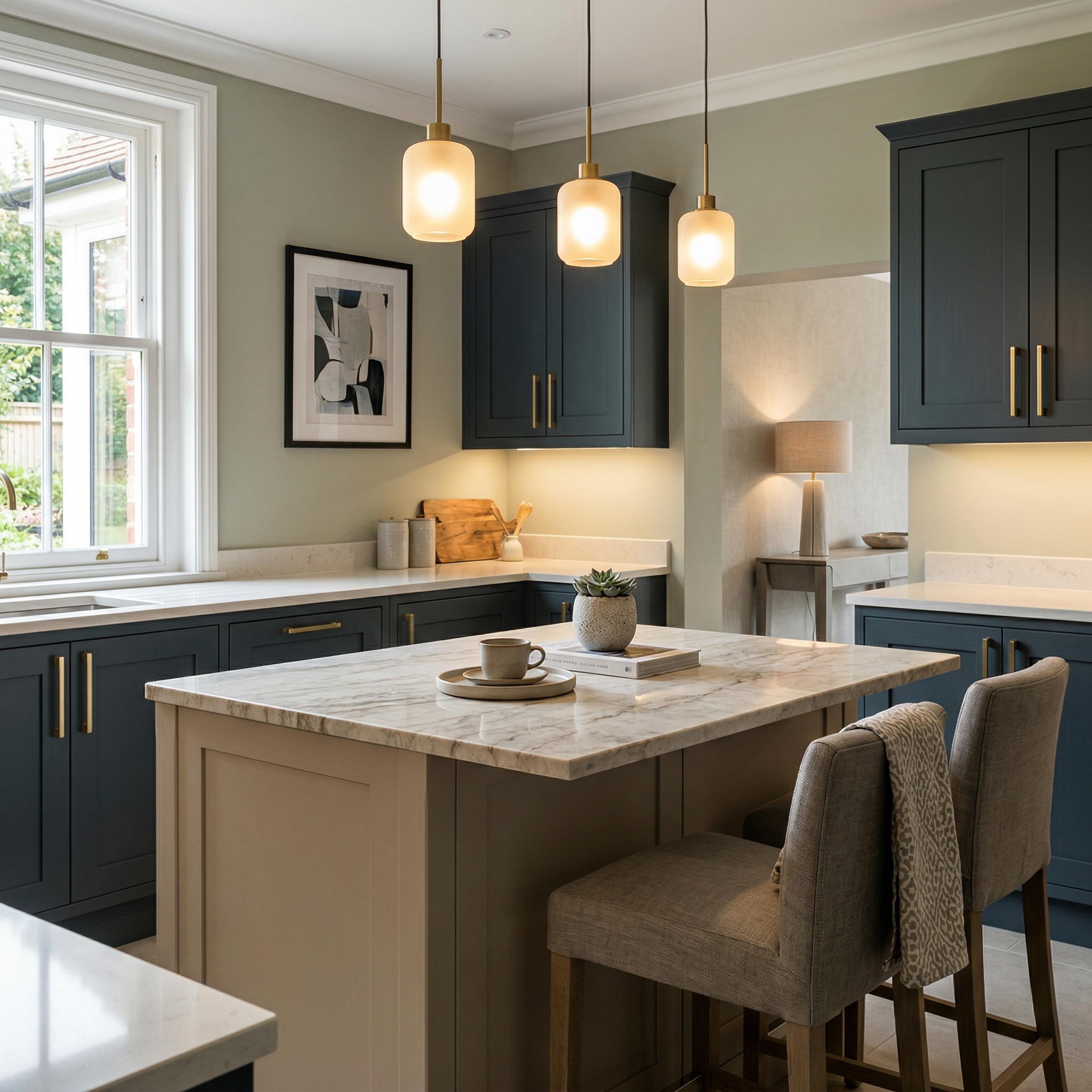 Bespoke kitchen island detail, contemporary painted lay-on cabinetry with quality joinery
