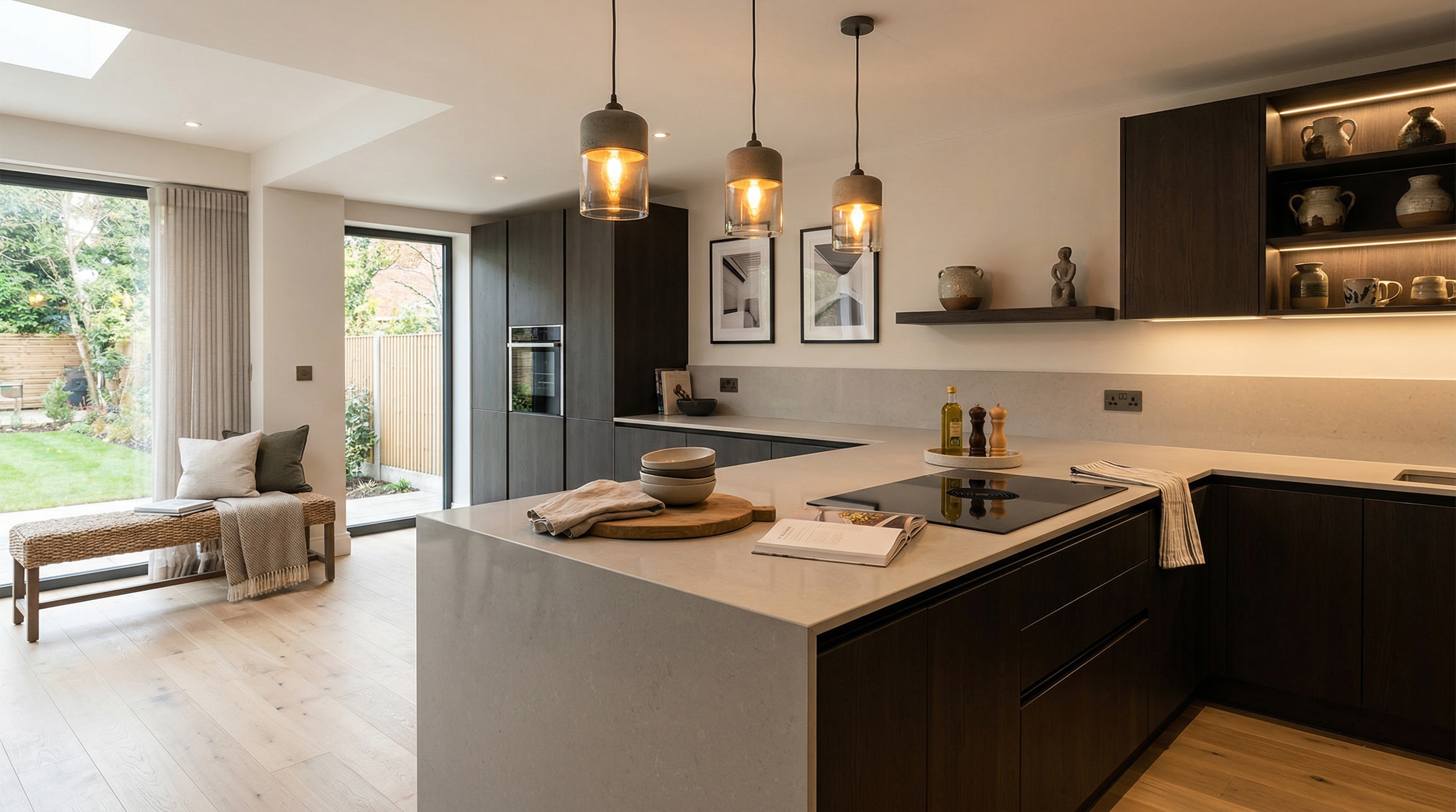Mastercraft bespoke kitchen in Finchley, wide architectural view showing room volume and design quality