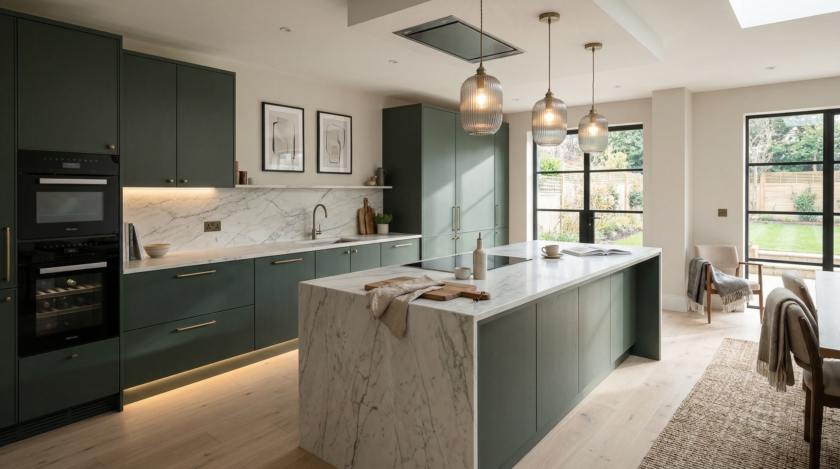 Wide view of a newly completed bespoke Mastercraft kitchen, contemporary painted lay-on cabinetry in marine tones