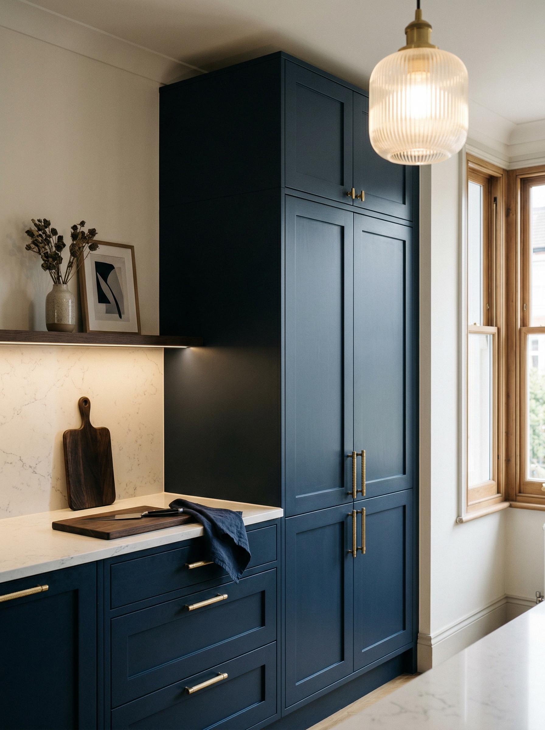 Tall view of full-height bespoke kitchen cabinetry, contemporary painted lay-on cabinetry