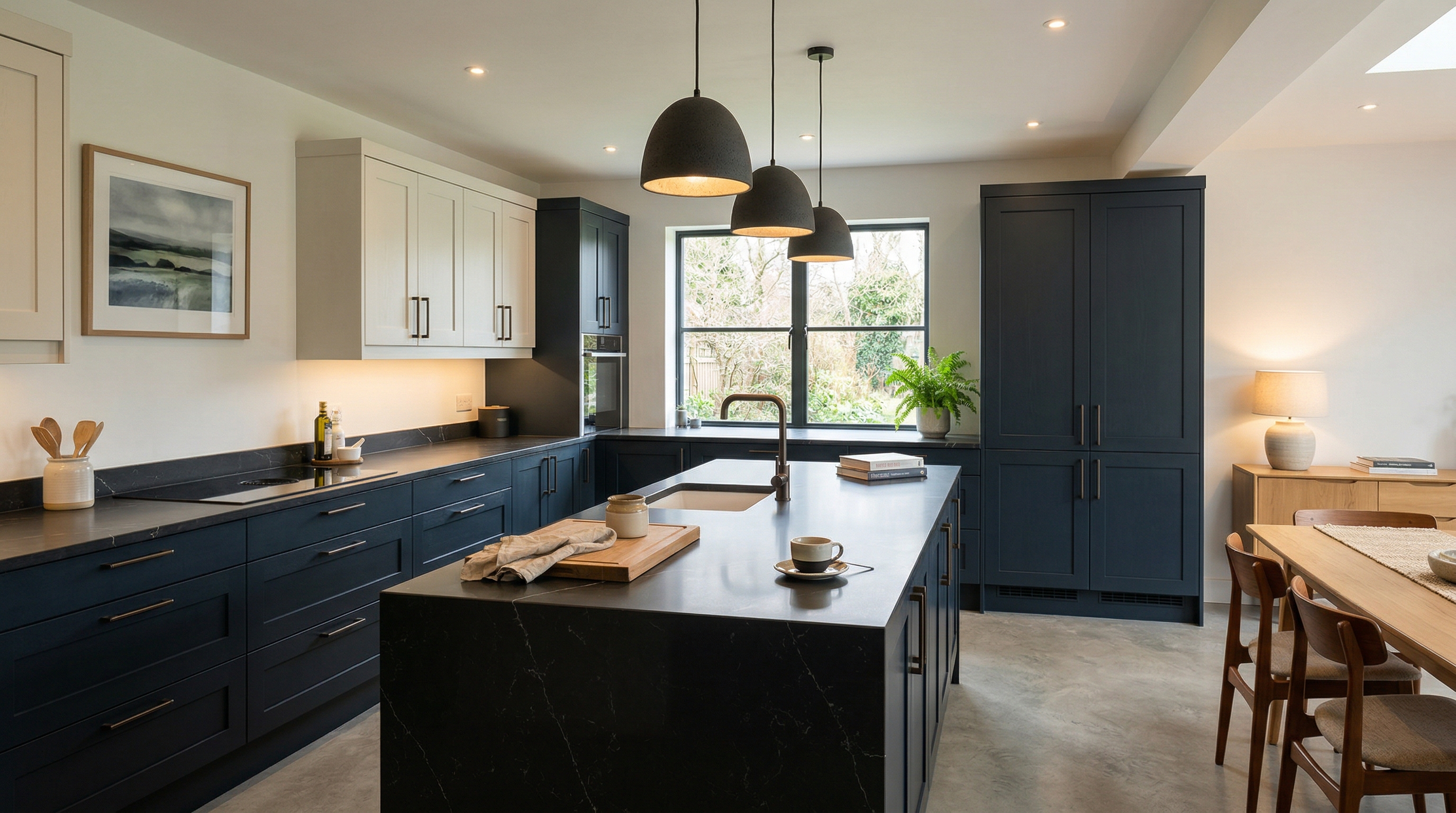 Mastercraft bespoke kitchen in Fishguard, wide architectural view showing room volume and design quality