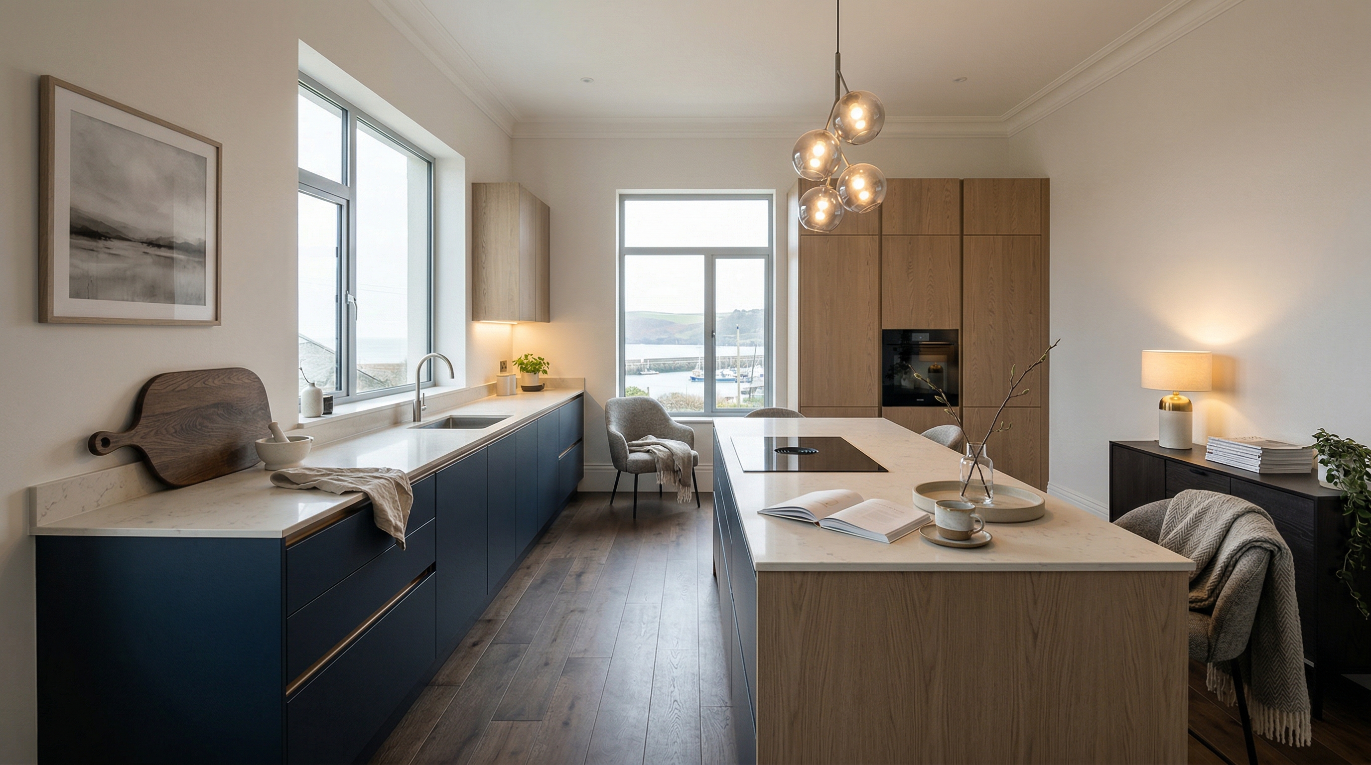 Wide view of a newly completed bespoke Mastercraft kitchen, contemporary painted lay-on cabinetry in porcelain tones