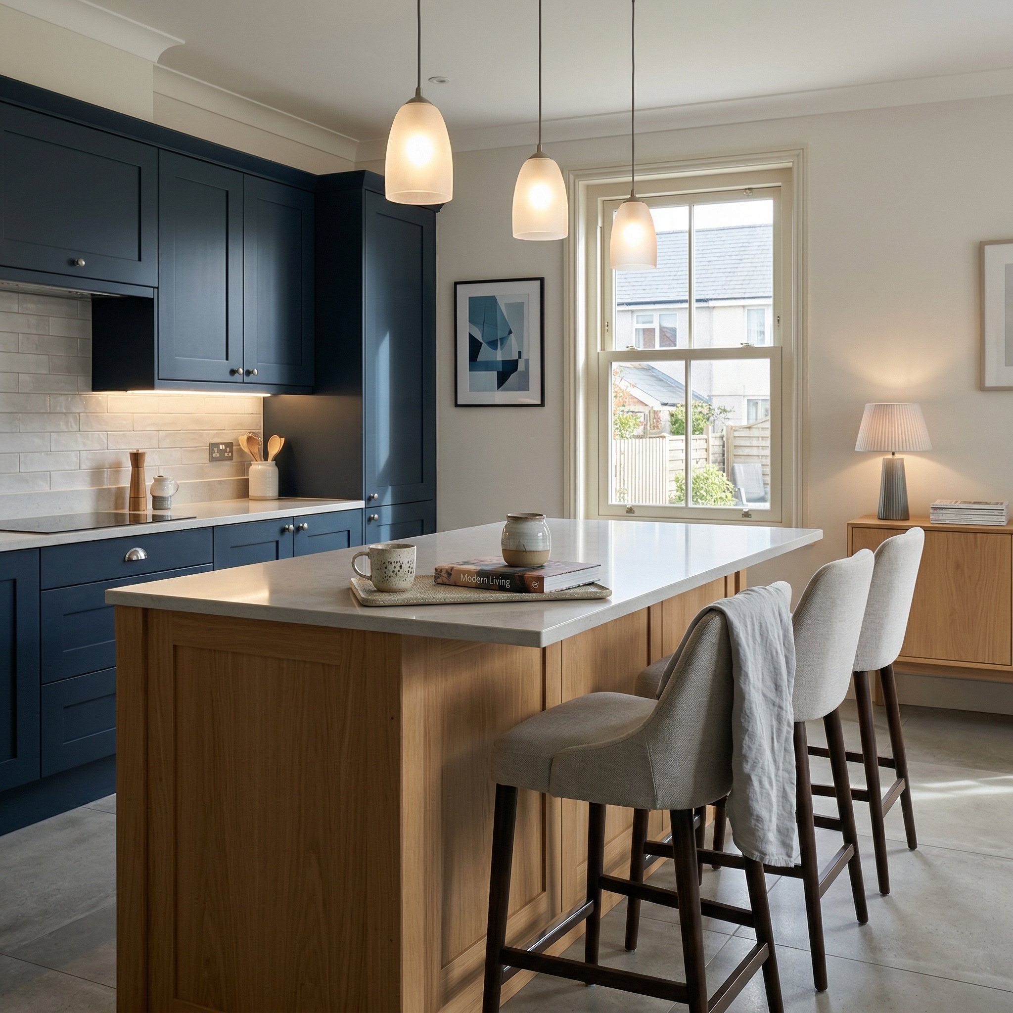Bespoke kitchen island detail, contemporary painted lay-on cabinetry with quality joinery