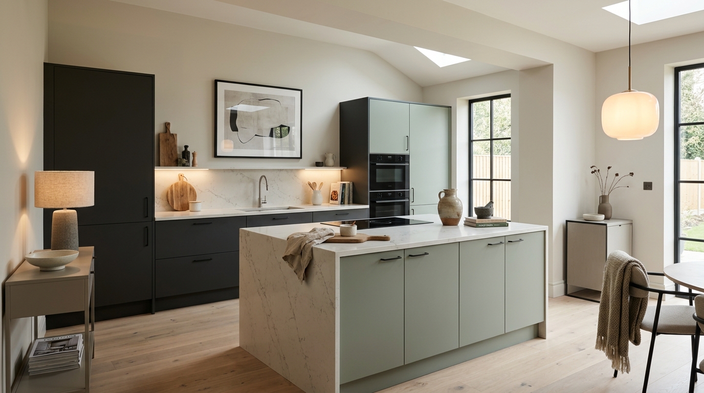 Wide view of a newly completed bespoke Mastercraft kitchen, contemporary painted lay-on cabinetry in shell tones