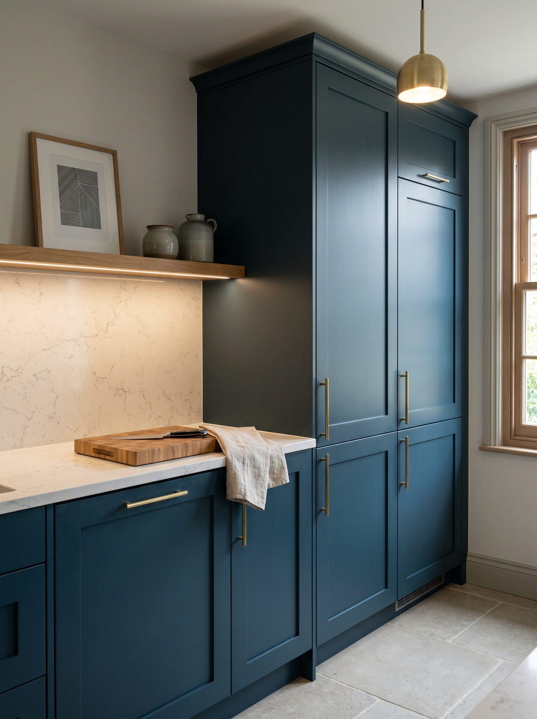 Tall view of full-height bespoke kitchen cabinetry, contemporary painted lay-on cabinetry