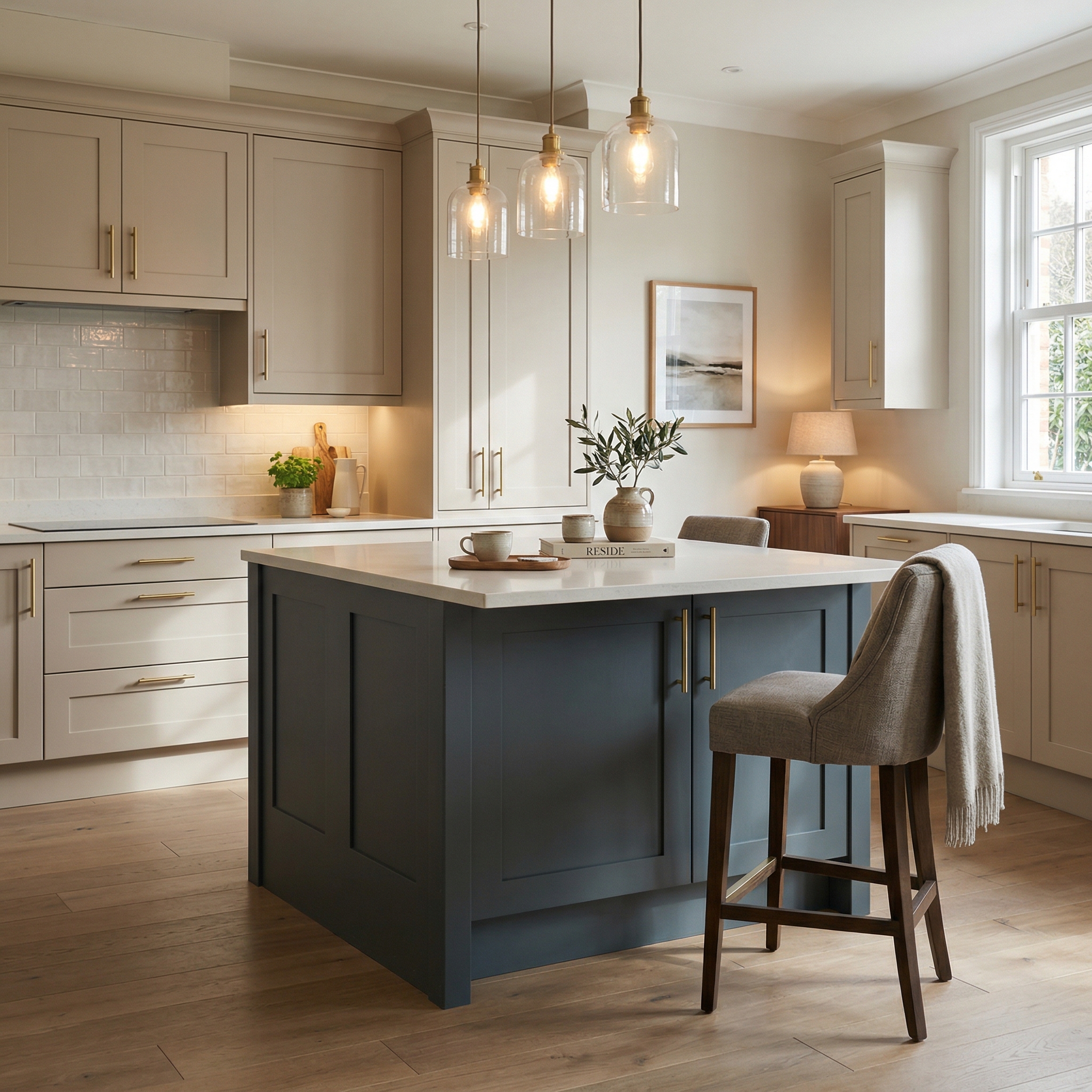 Bespoke kitchen island detail, contemporary painted lay-on cabinetry with quality joinery