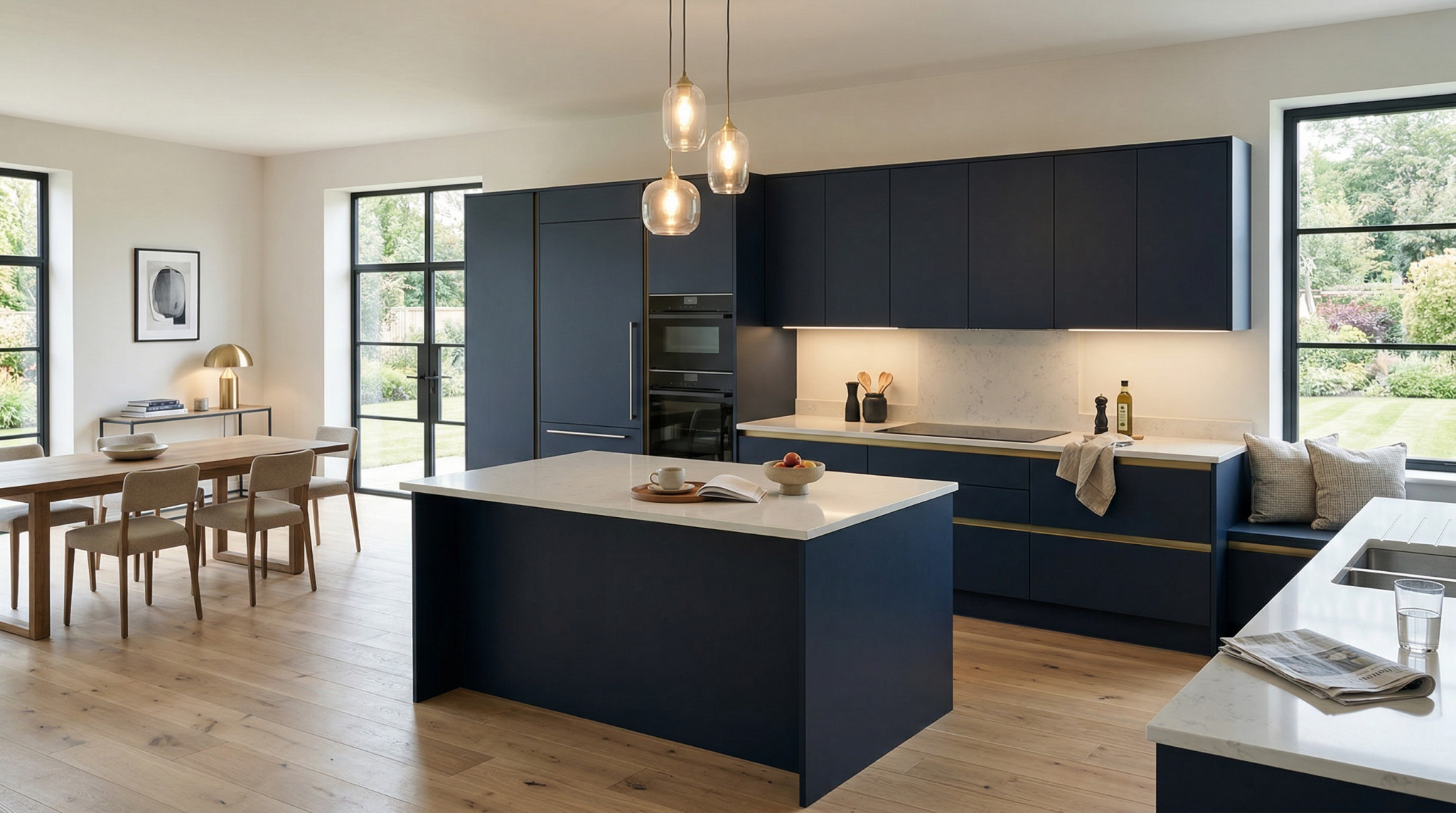 Wide view of a newly completed bespoke Mastercraft kitchen, modern shaker cabinetry in indigo tones