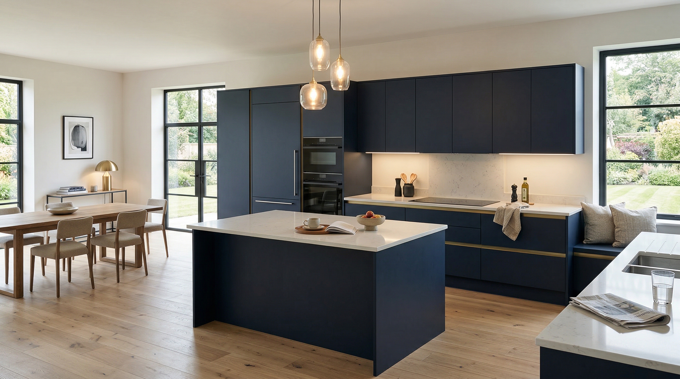 hero_1200x675 Wide view of a newly completed bespoke Mastercraft kitchen, modern shaker cabinetry in indigo tones