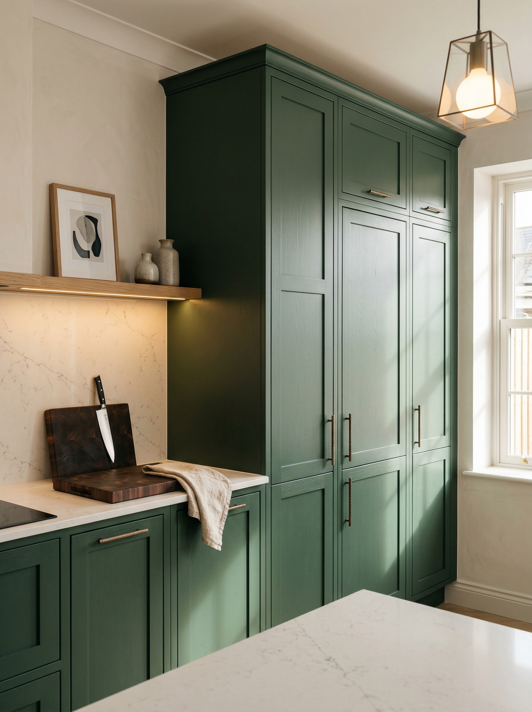 Tall view of full-height bespoke kitchen cabinetry, modern shaker cabinetry