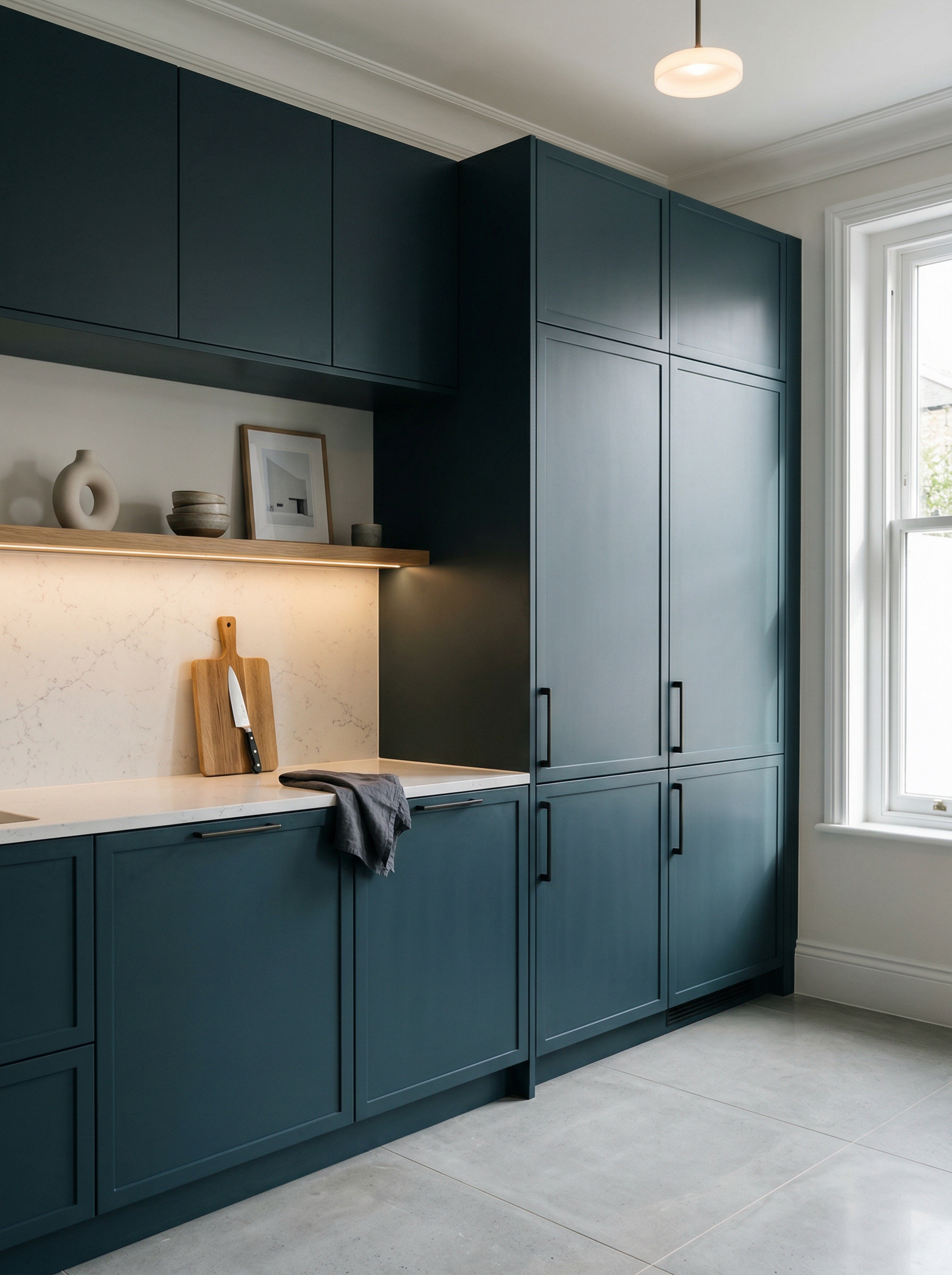 Tall view of full-height bespoke kitchen cabinetry, timber veneer slab-door cabinetry