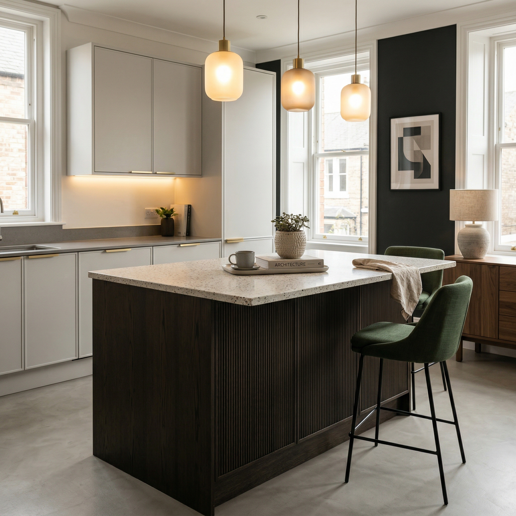 Bespoke kitchen island detail, timber veneer slab-door cabinetry with quality joinery