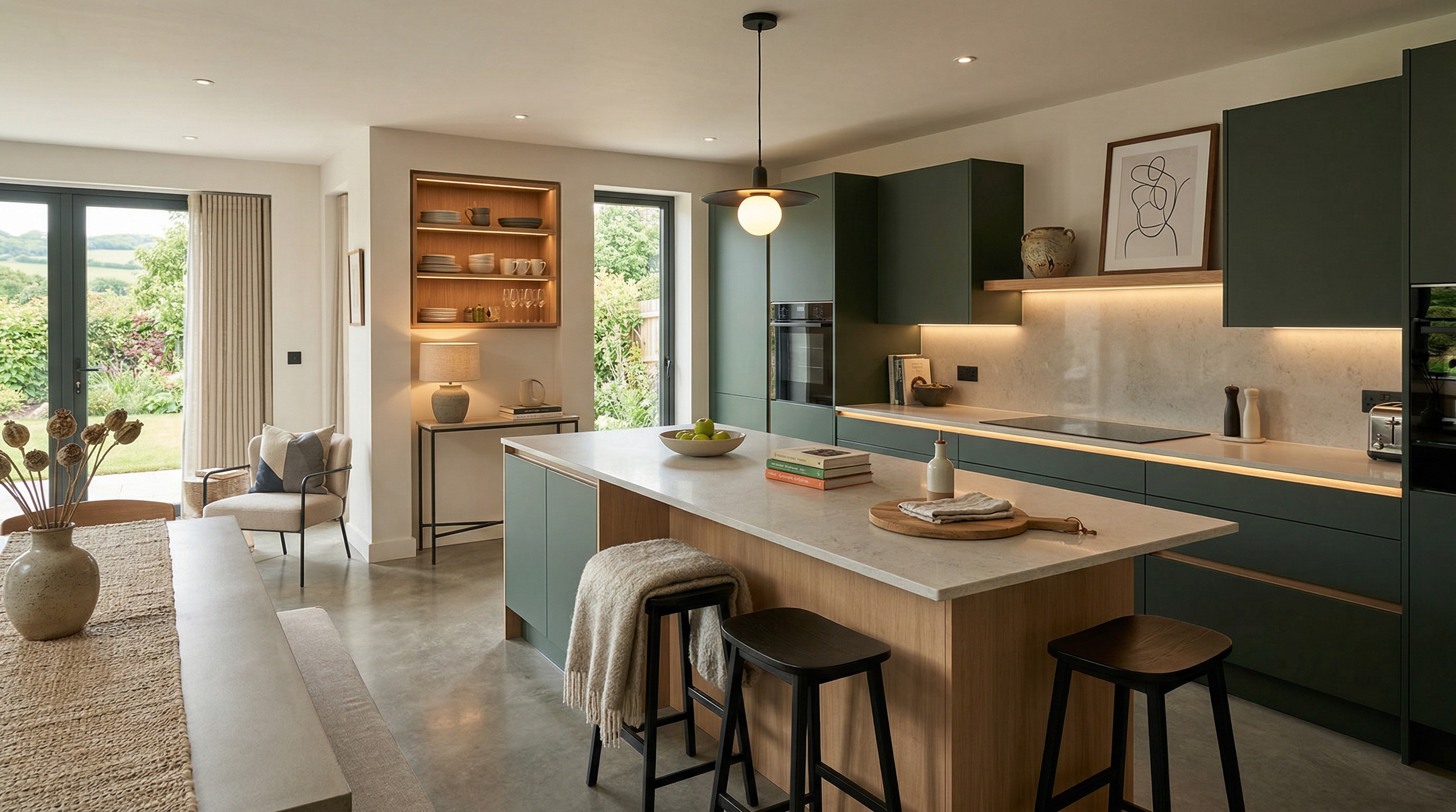 Mastercraft bespoke kitchen in Glastonbury, wide architectural view showing room volume and design quality