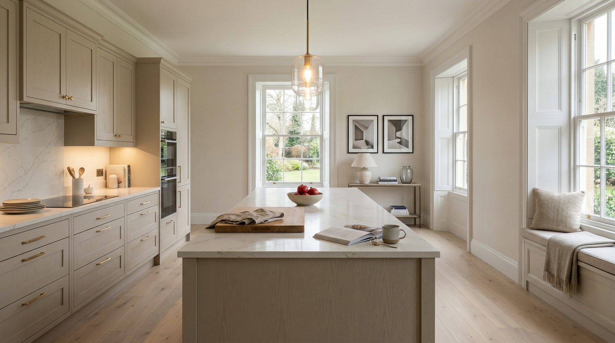 Wide view of a newly completed bespoke Mastercraft kitchen, matt painted handleless slab cabinetry in ivory tones