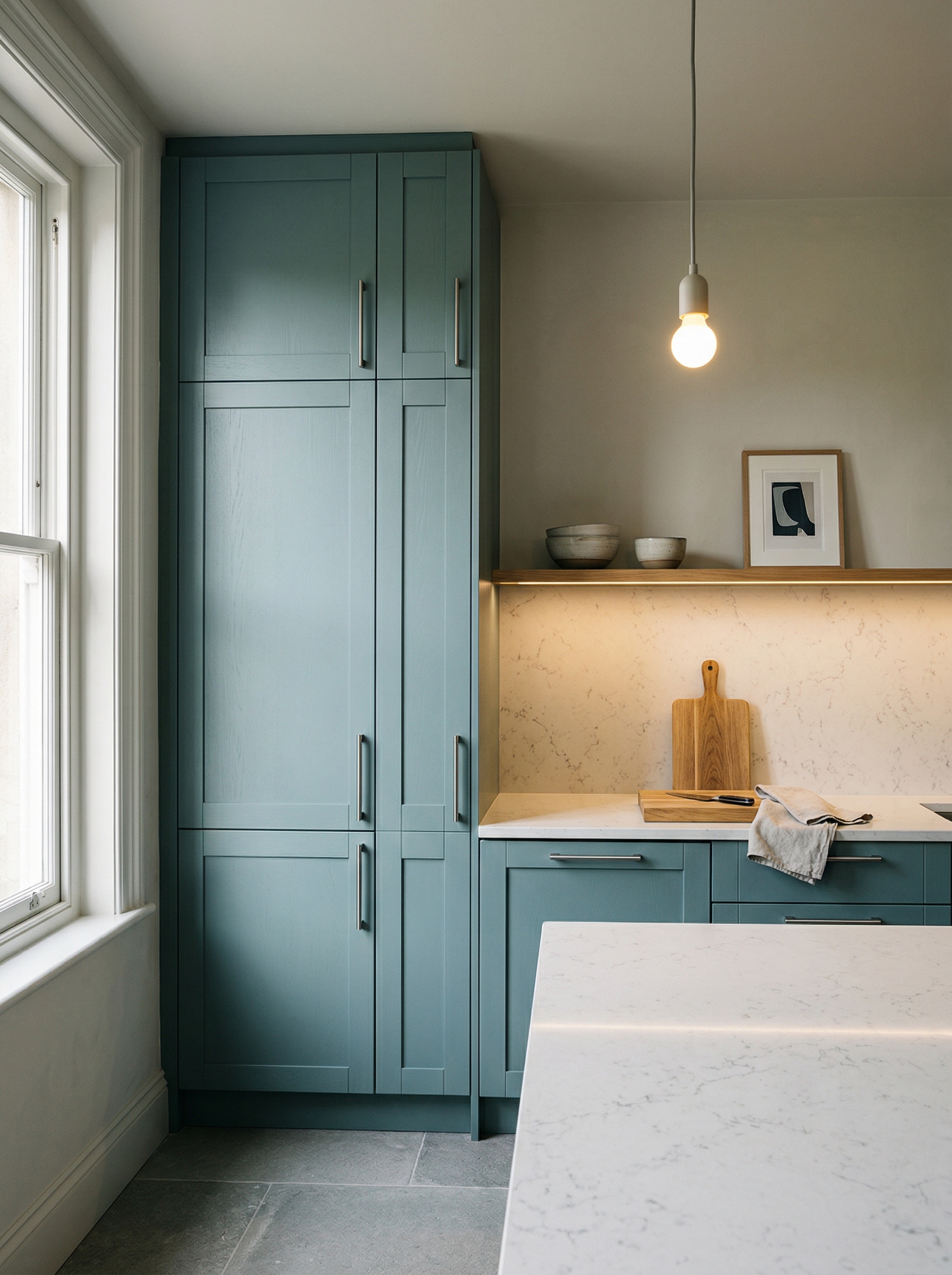 portrait1_600x800 Tall view of full-height bespoke kitchen cabinetry, matt painted handleless slab cabinetry