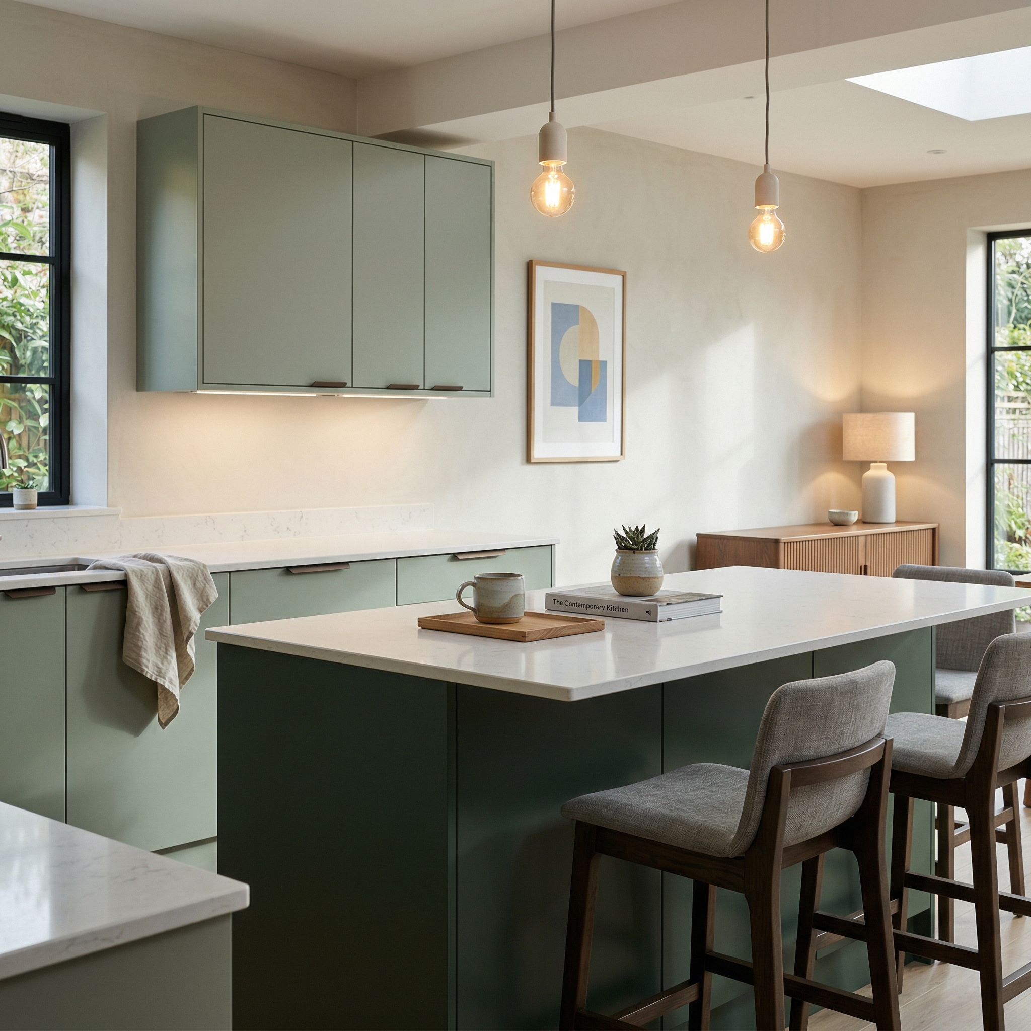 Bespoke kitchen island detail, matt painted handleless slab cabinetry with quality joinery