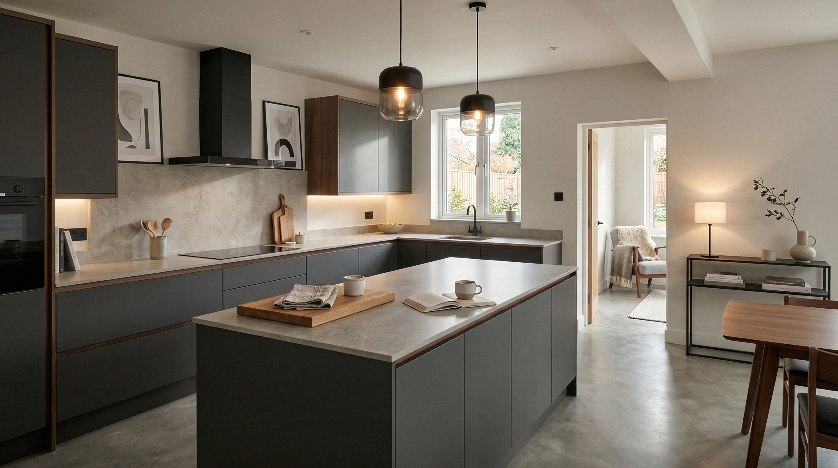 Mastercraft bespoke kitchen in Glynneath, wide architectural view showing room volume and design quality