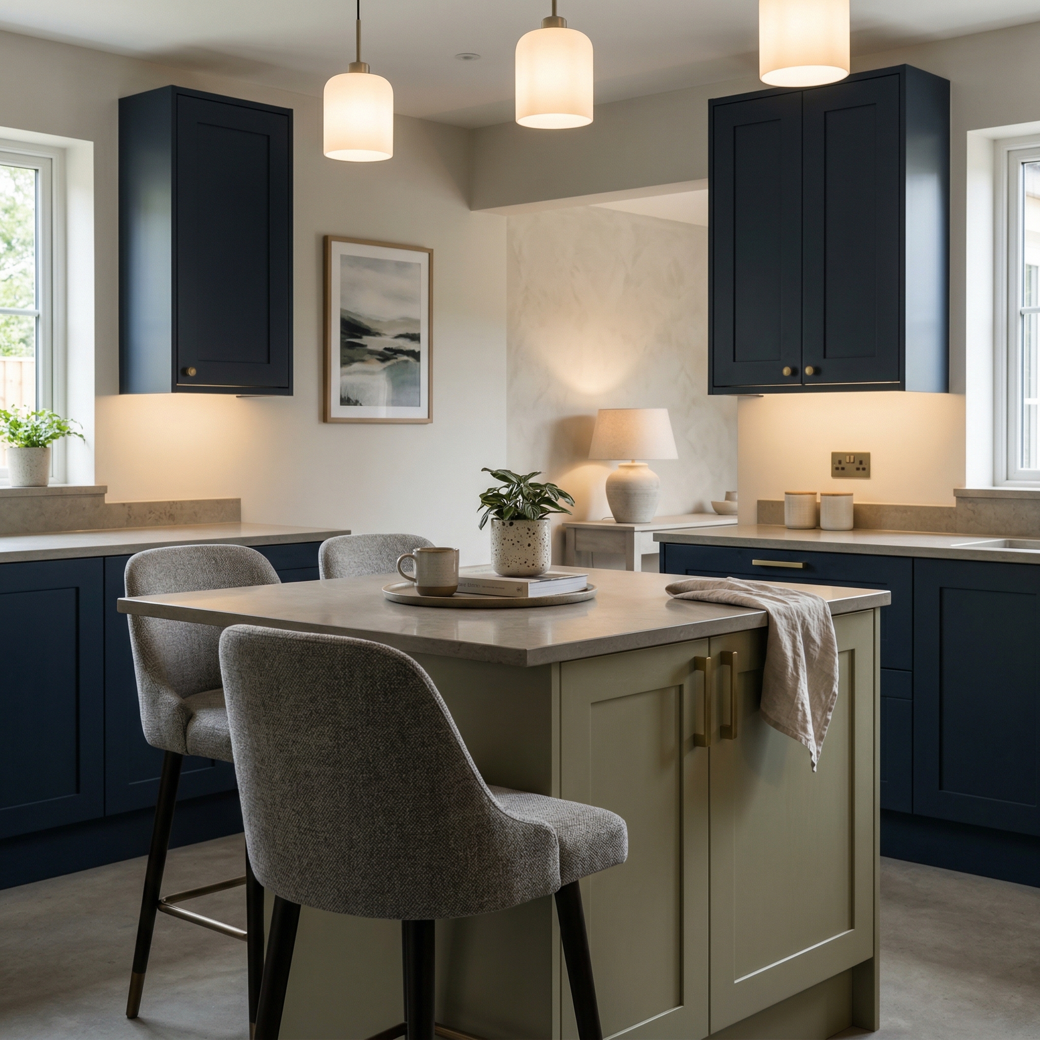 Bespoke kitchen island detail, contemporary painted lay-on cabinetry with quality joinery