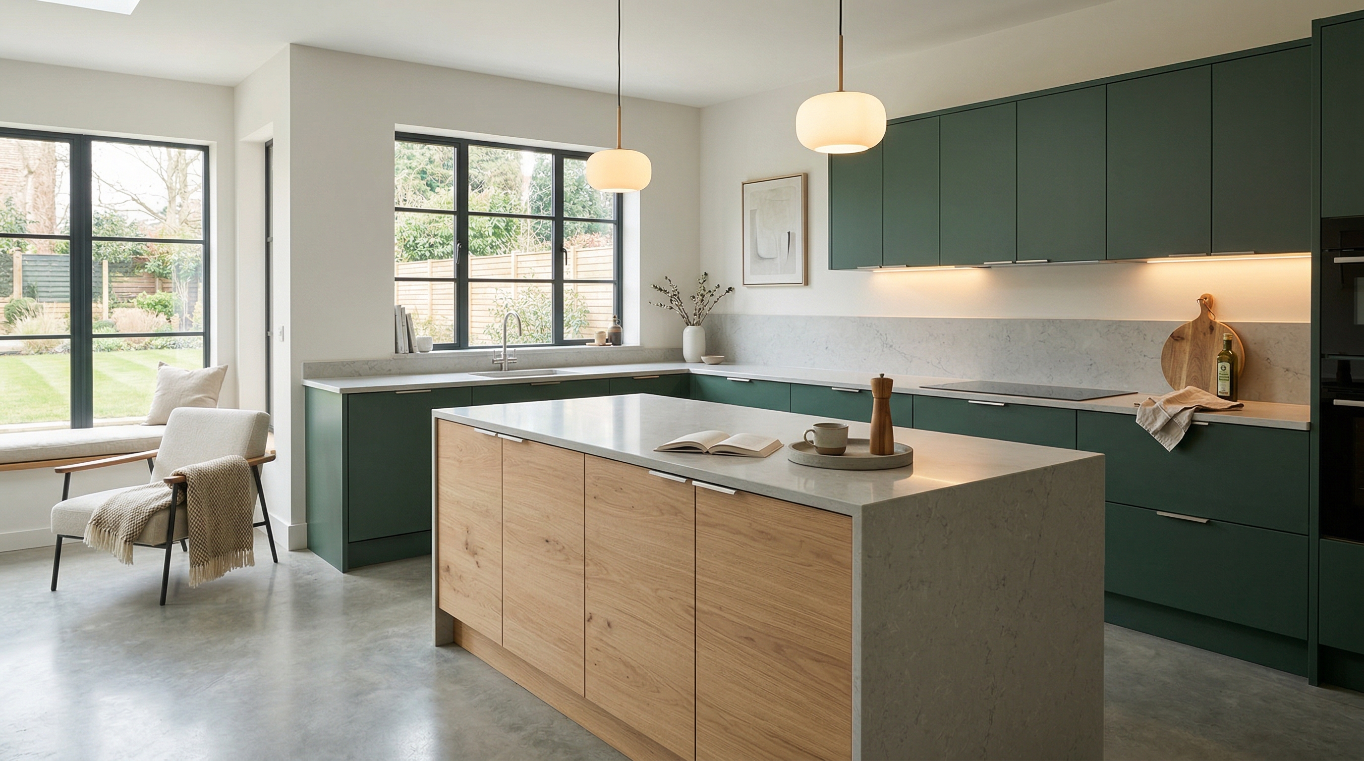 hero_1200x675 Wide view of a newly completed bespoke Mastercraft kitchen, contemporary painted lay-on cabinetry in taupe grey tones