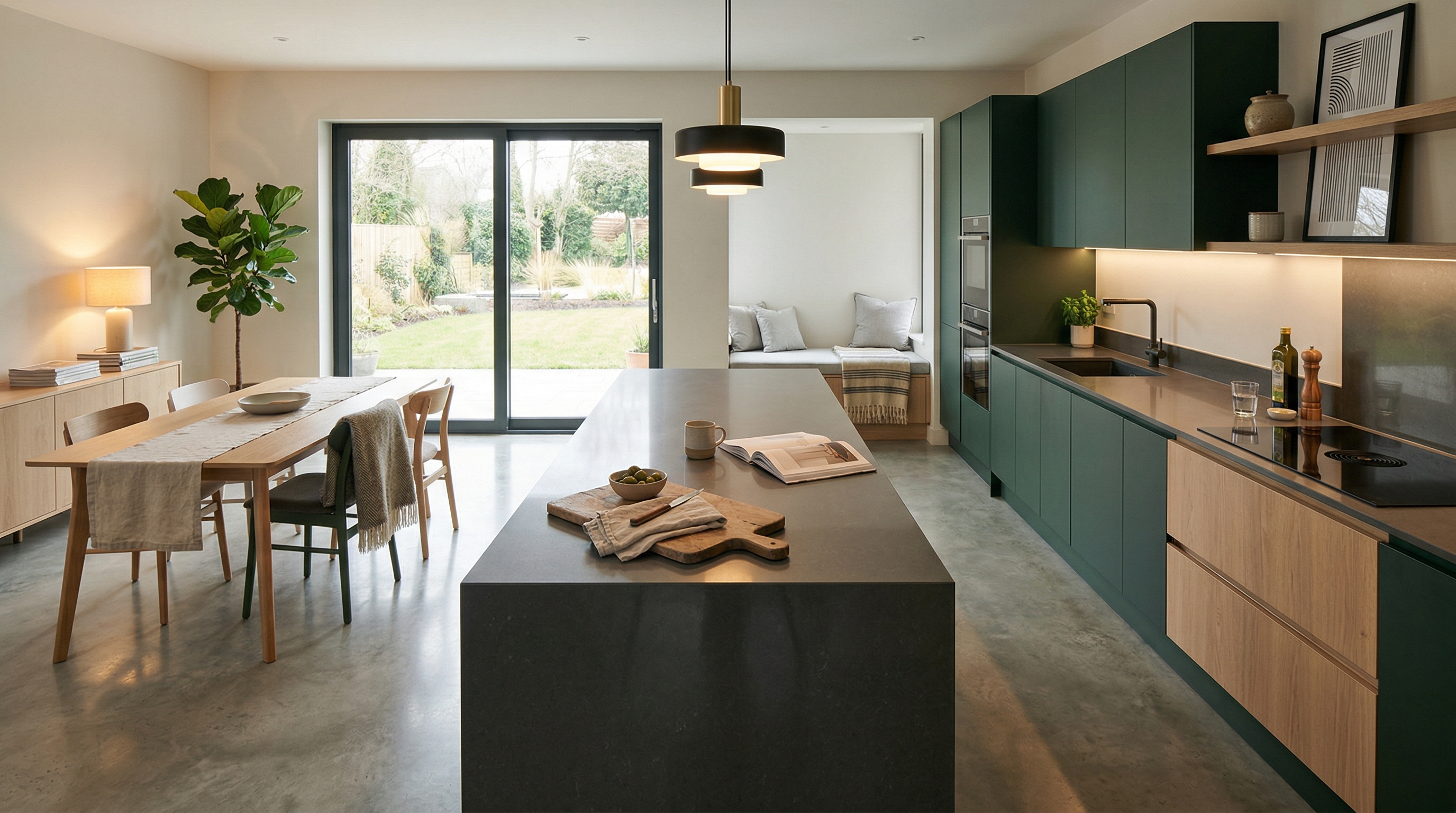 Mastercraft bespoke kitchen in Gorseinon, wide architectural view showing room volume and design quality
