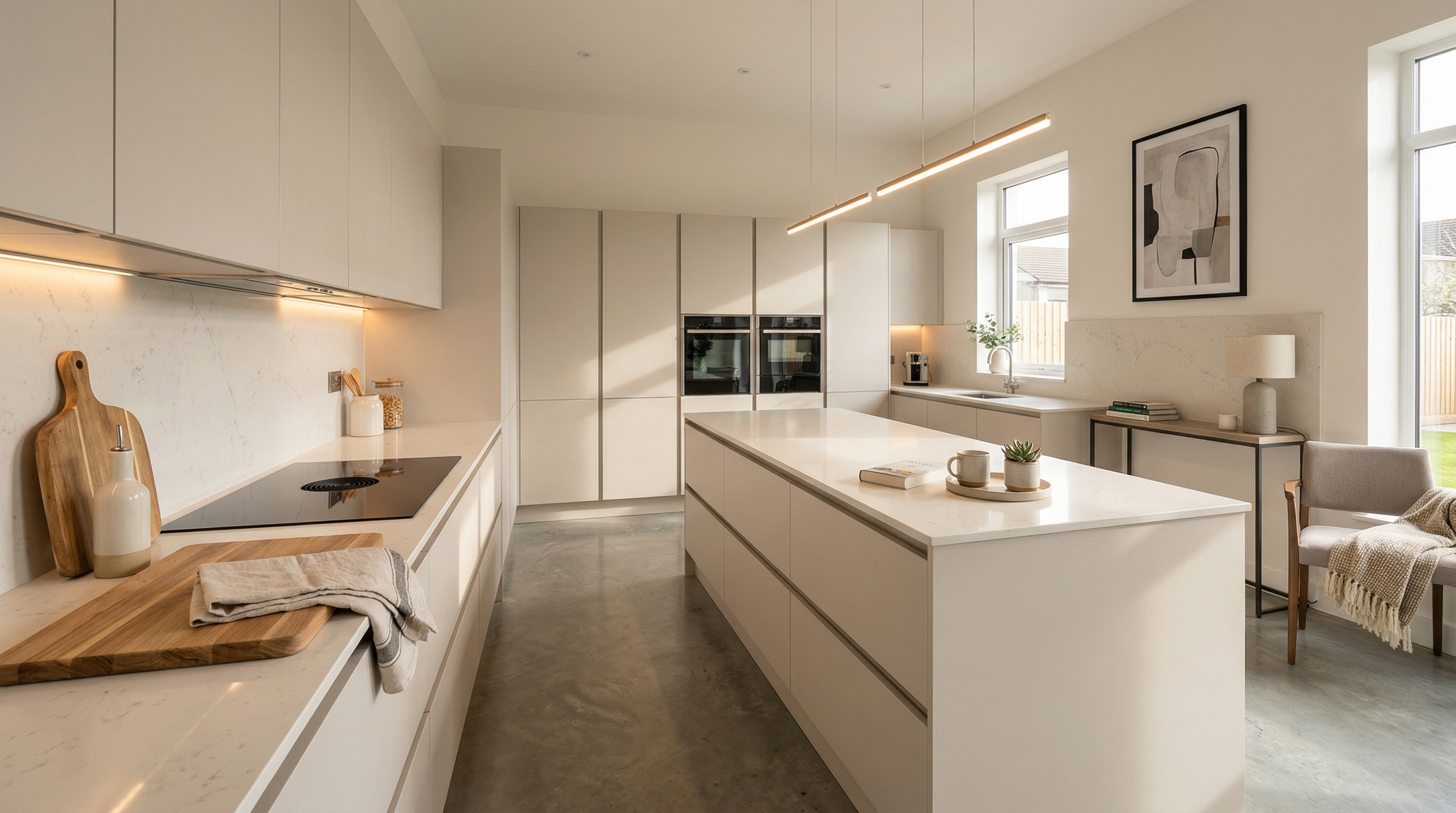 hero_1200x675 Wide view of a newly completed bespoke Mastercraft kitchen, modern shaker cabinetry in reed green tones