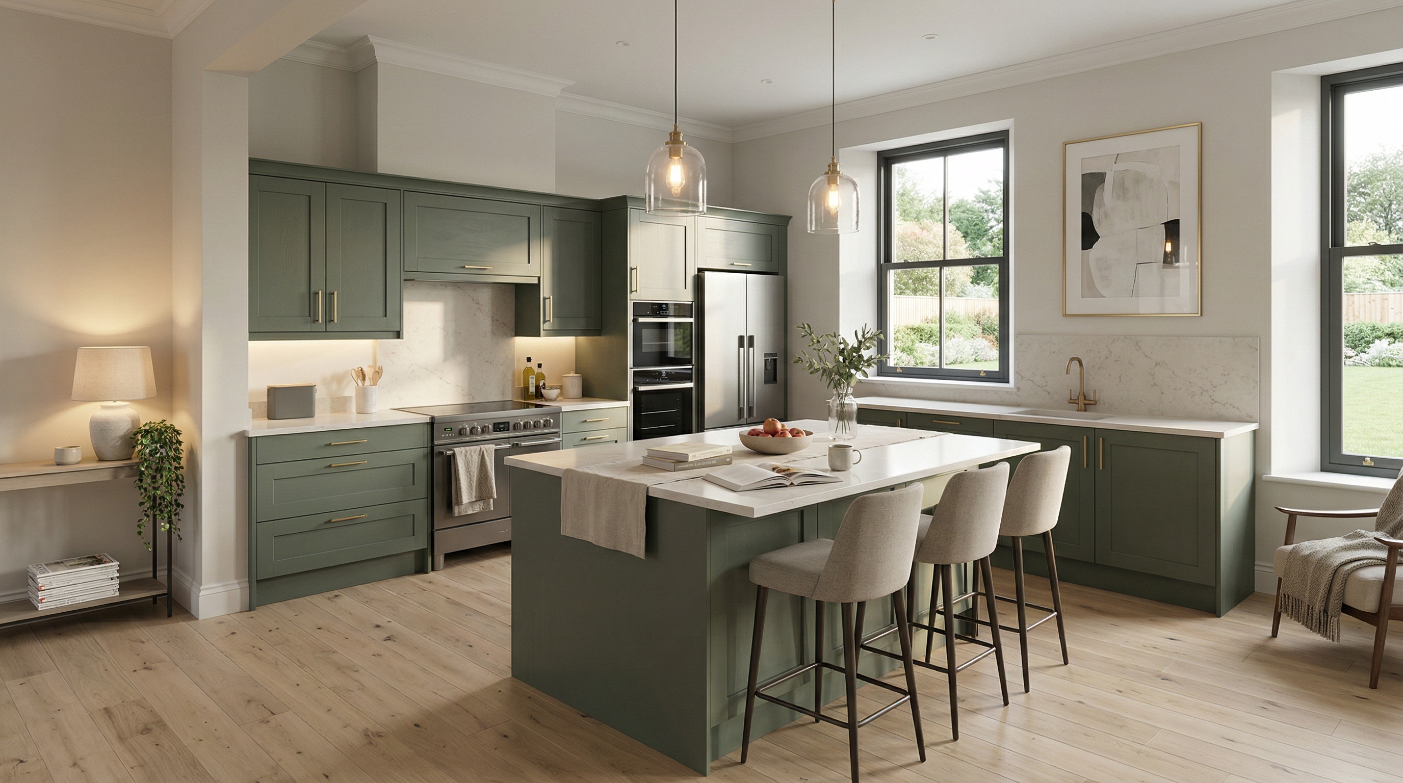 hero_1200x675 Wide view of a newly completed bespoke Mastercraft kitchen, modern shaker cabinetry in brilliant white tones