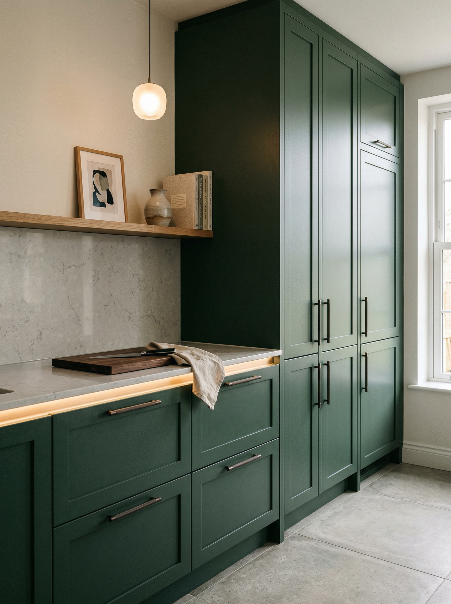 Tall view of full-height bespoke kitchen cabinetry, modern shaker cabinetry