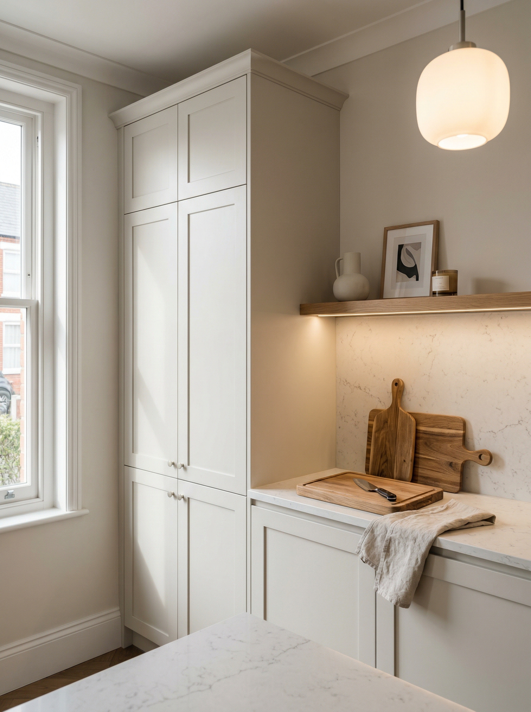 Tall view of full-height bespoke kitchen cabinetry, modern shaker cabinetry