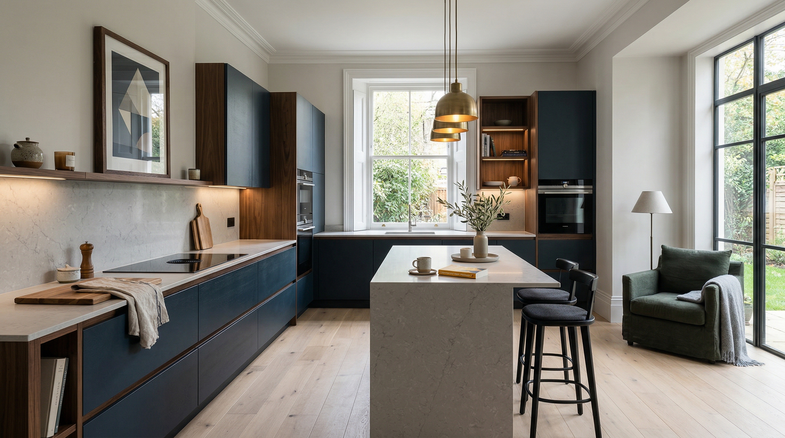 Wide view of a newly completed bespoke Mastercraft kitchen, contemporary painted lay-on cabinetry in cardamom tones