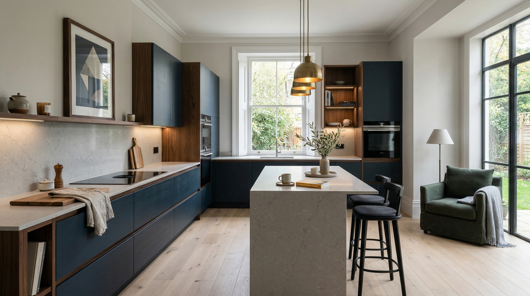 Wide view of a newly completed bespoke Mastercraft kitchen, contemporary painted lay-on cabinetry in cardamom tones