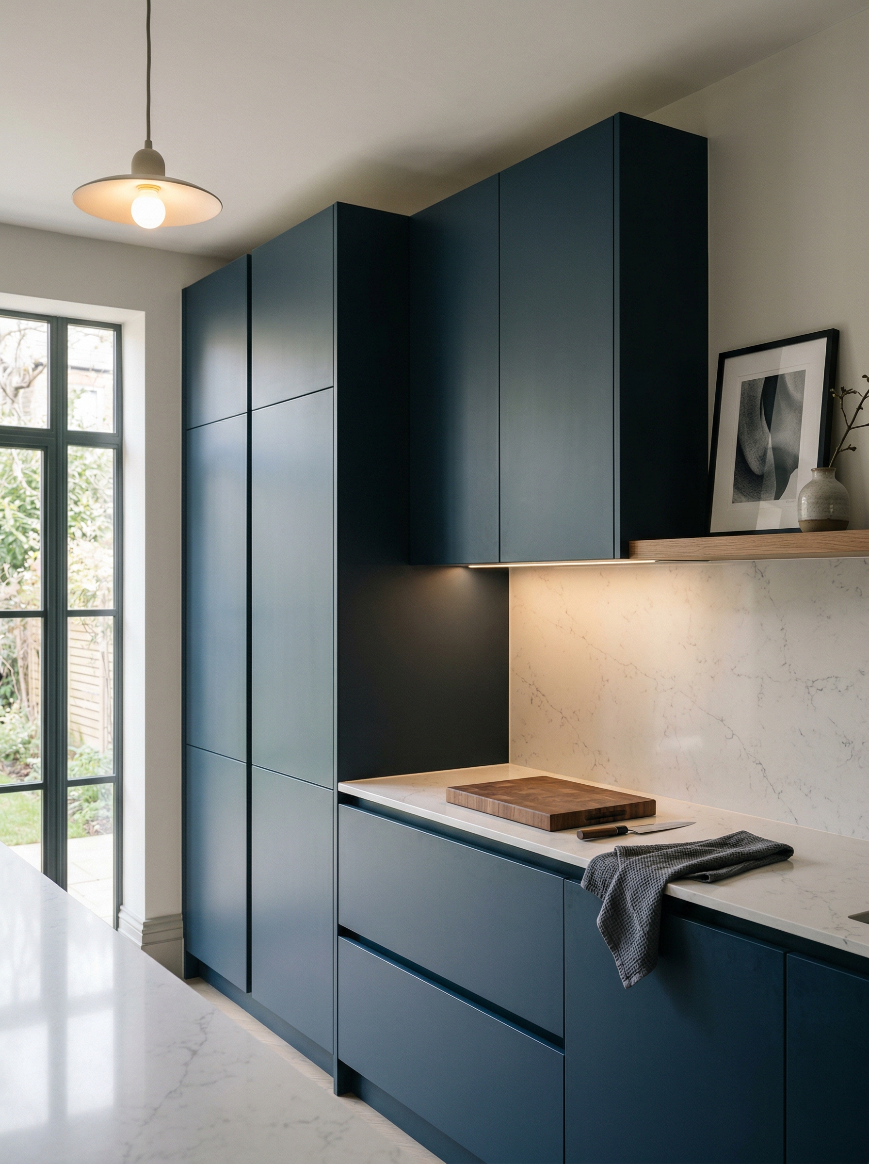 Tall view of full-height bespoke kitchen cabinetry, contemporary painted lay-on cabinetry