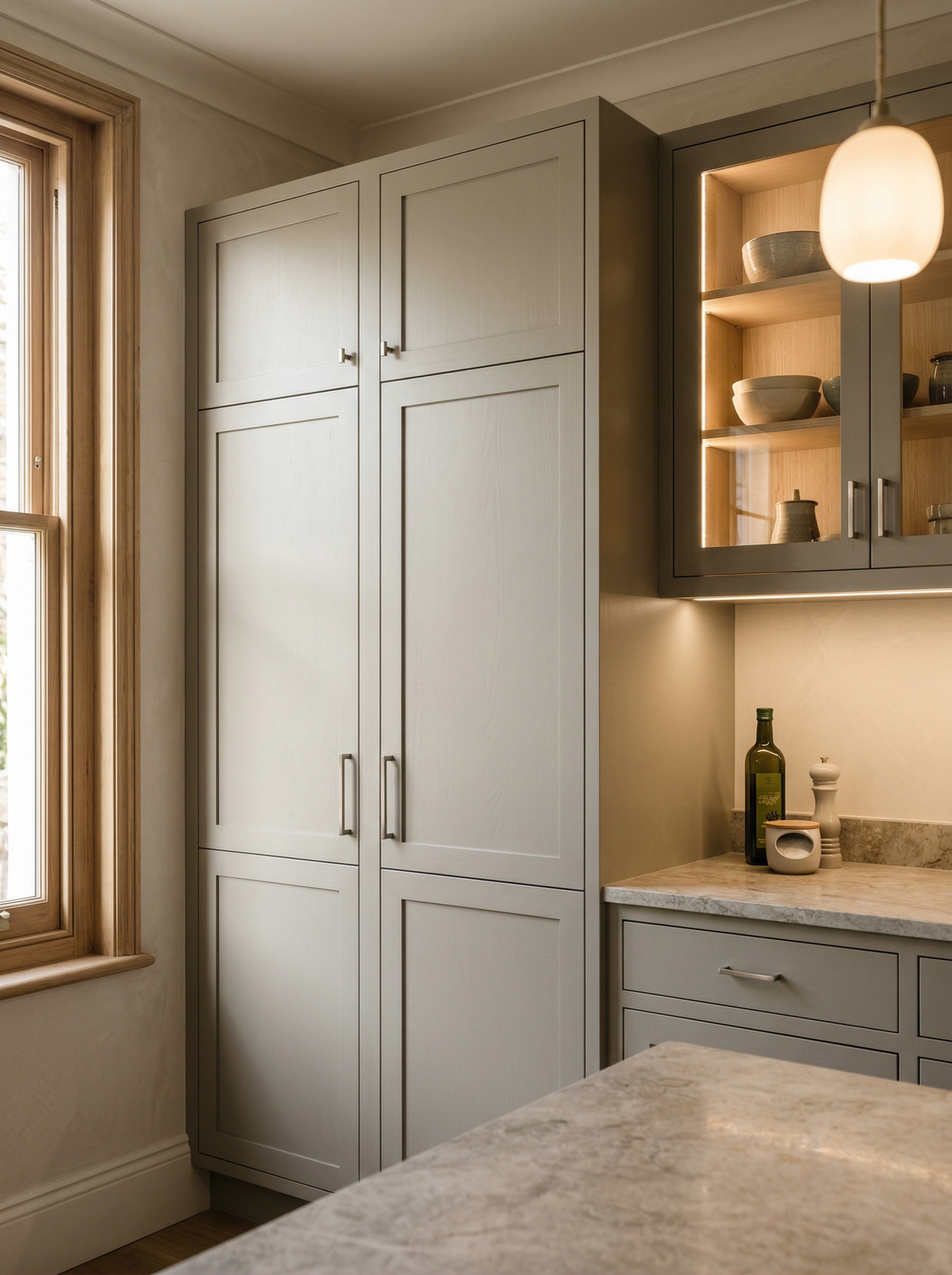 Bespoke kitchen installation, full-height cabinetry and considered storage design