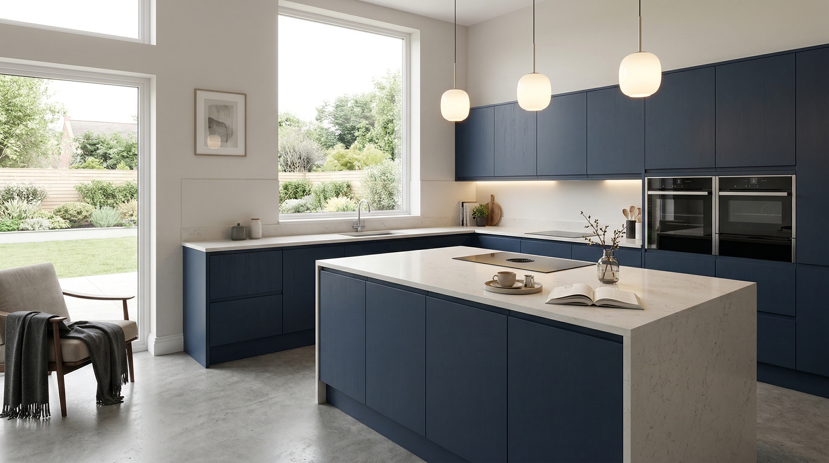 hero_1200x675 Wide view of a newly completed bespoke Mastercraft kitchen, contemporary painted lay-on cabinetry in porcelain tones