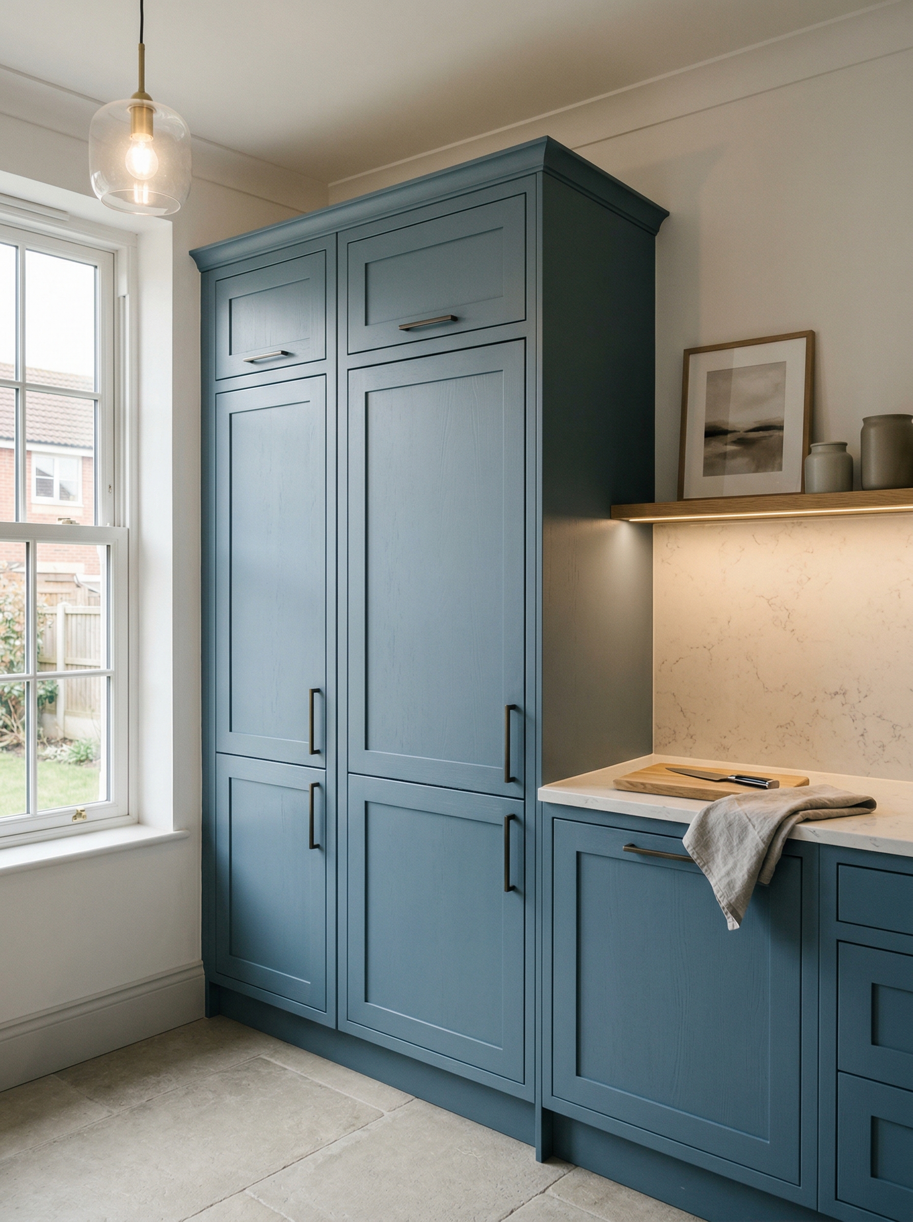 Tall view of full-height bespoke kitchen cabinetry, contemporary painted lay-on cabinetry