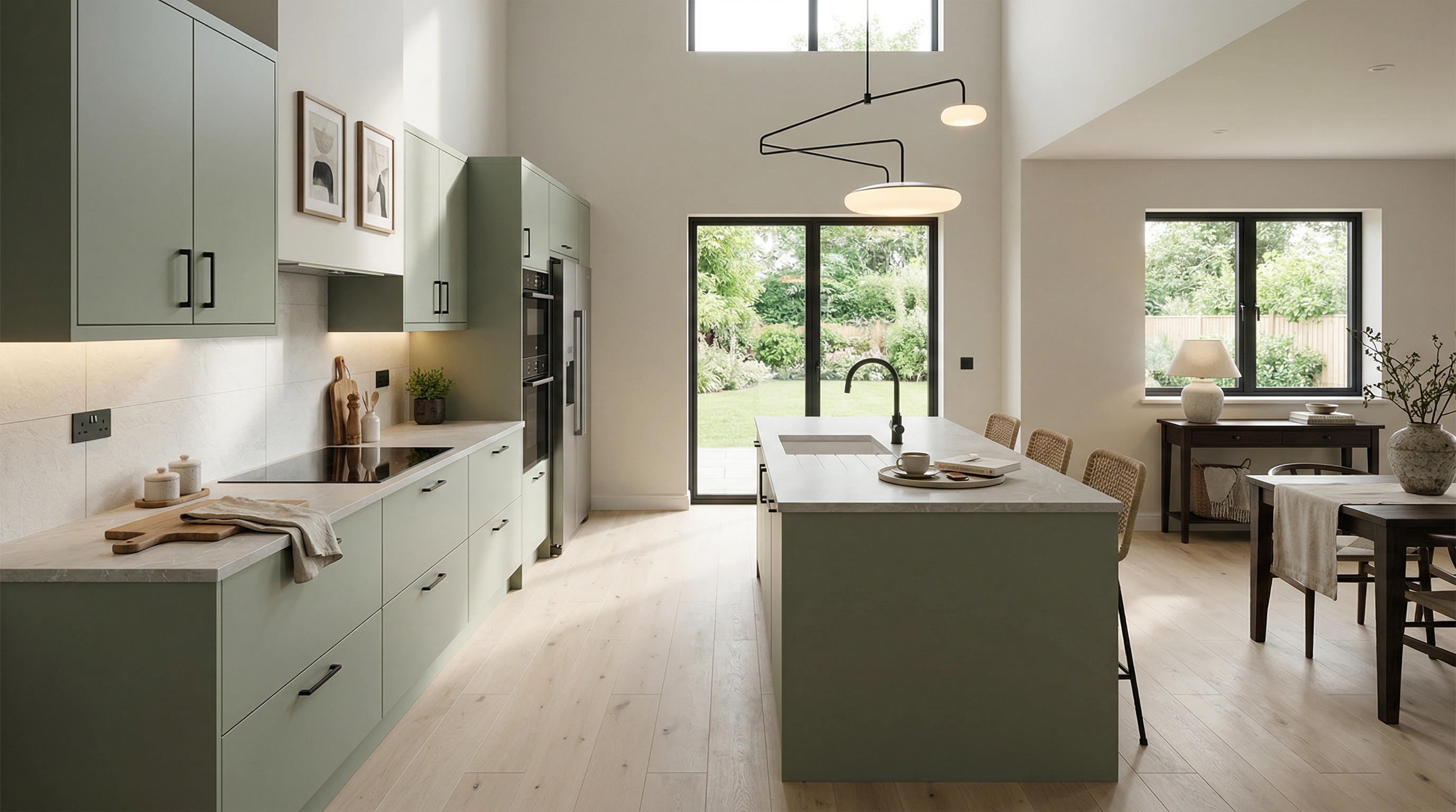 hero_1200x675 Wide view of a newly completed bespoke Mastercraft kitchen, modern shaker cabinetry in slate blue tones
