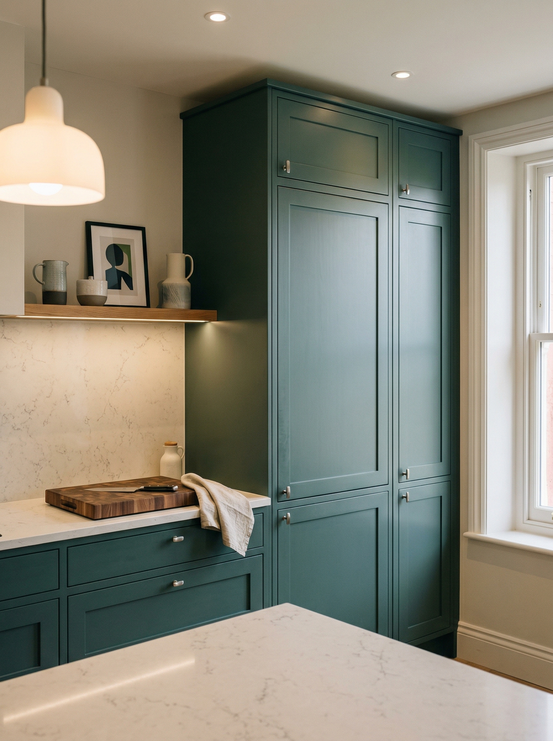 Tall view of full-height bespoke kitchen cabinetry, modern shaker cabinetry