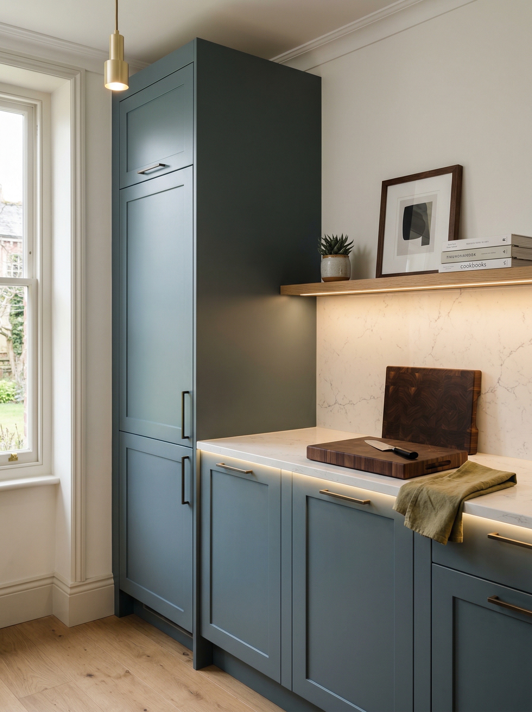 Tall view of full-height bespoke kitchen cabinetry, modern shaker cabinetry