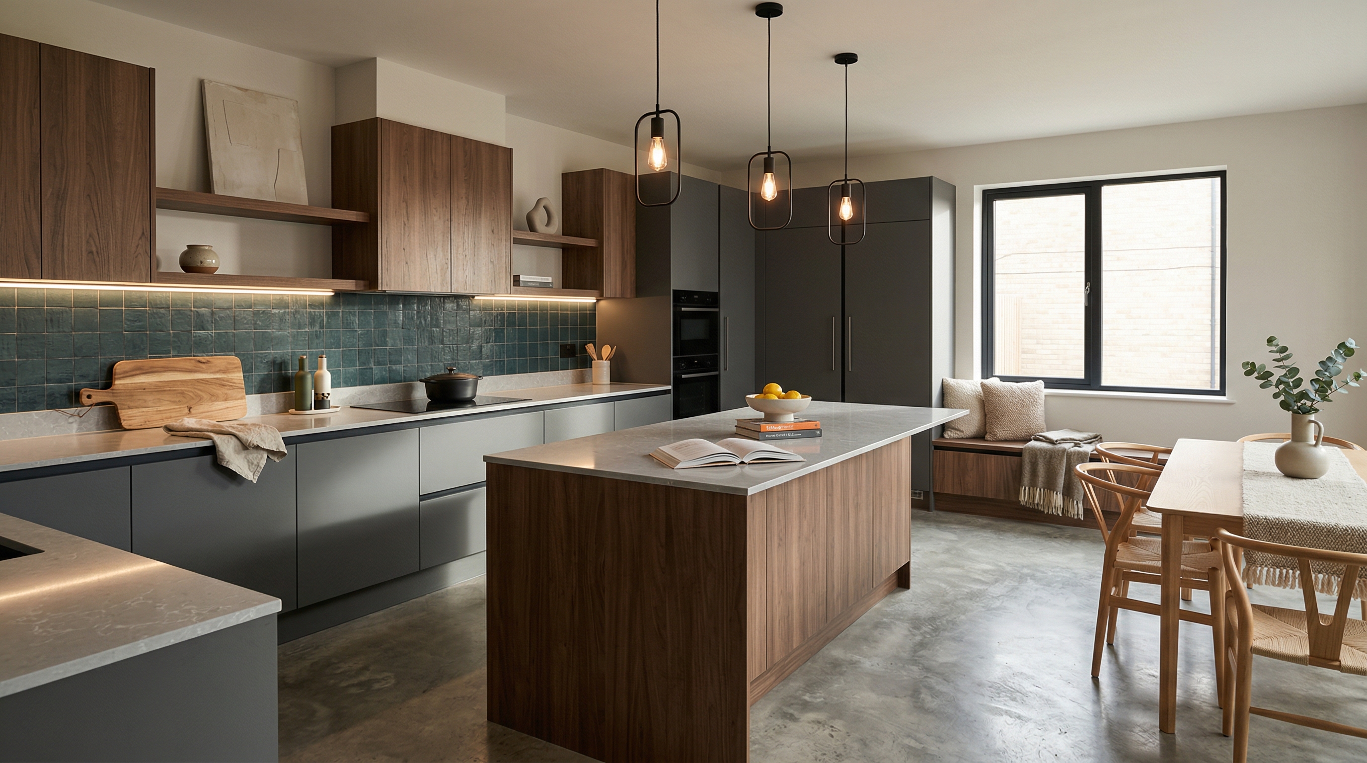 Mastercraft bespoke kitchen in Hebburn, wide architectural view showing room volume and design quality