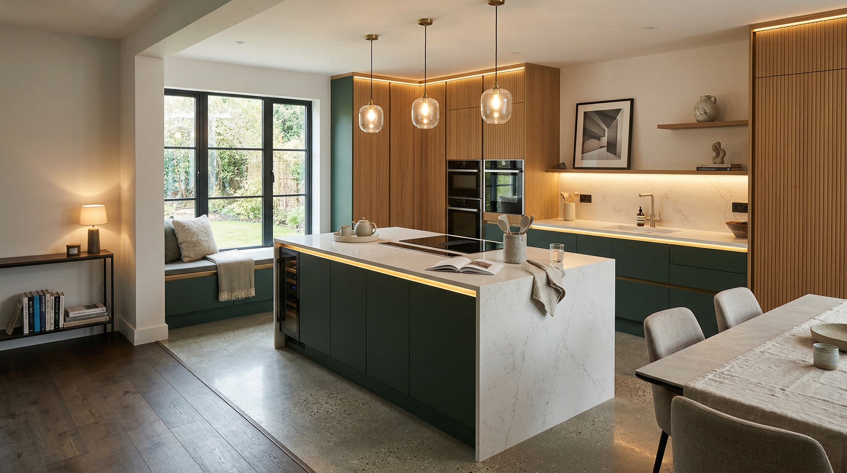 Mastercraft bespoke kitchen in Helston, wide architectural view showing room volume and design quality