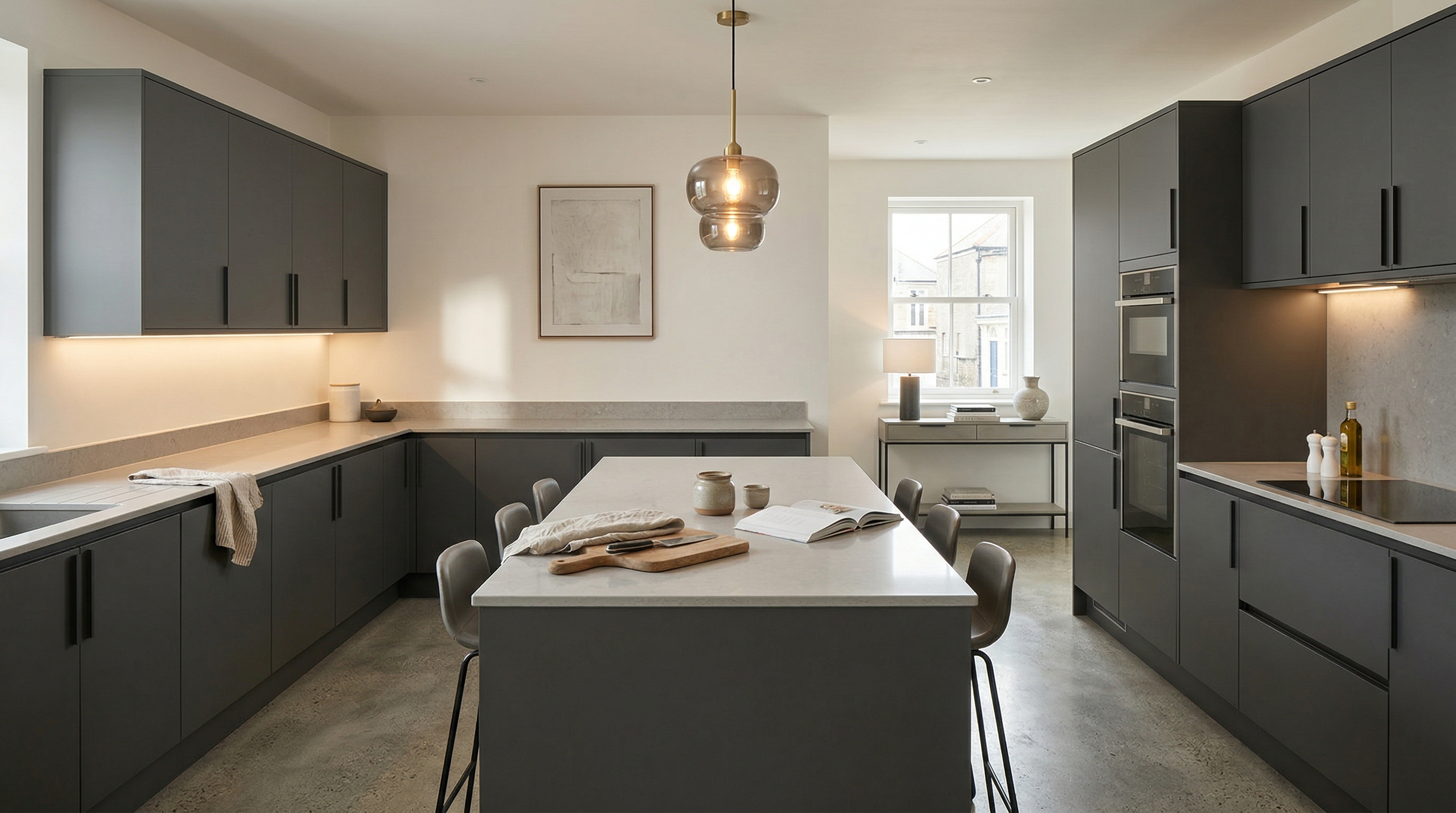 Wide view of a newly completed bespoke Mastercraft kitchen, modern shaker cabinetry in stone grey tones