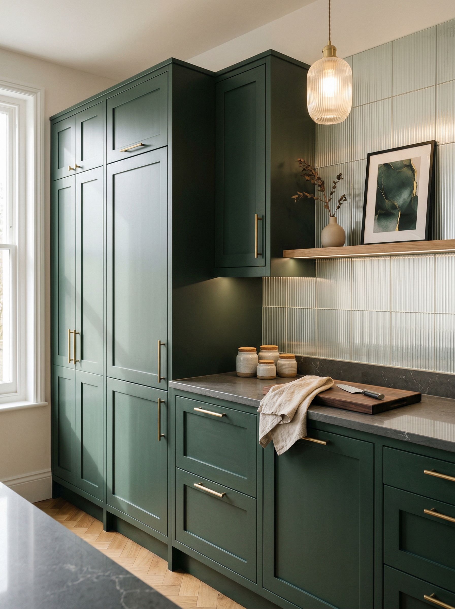 Tall view of full-height bespoke kitchen cabinetry, modern shaker cabinetry