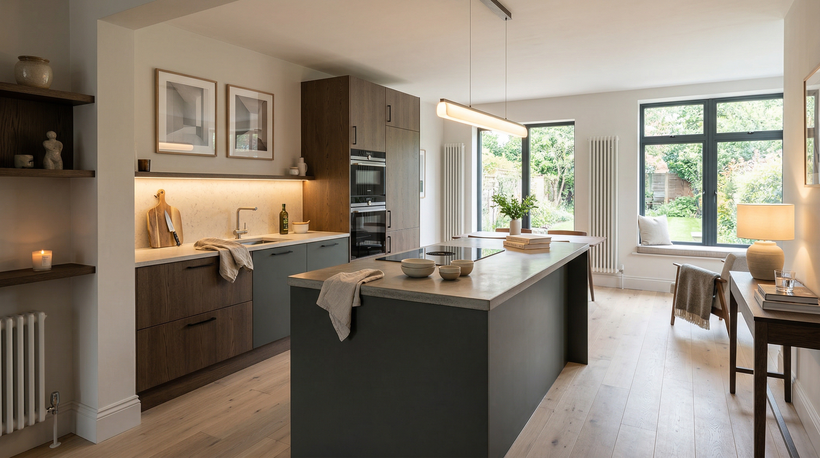 Mastercraft bespoke kitchen in Henleaze, wide architectural view showing room volume and design quality