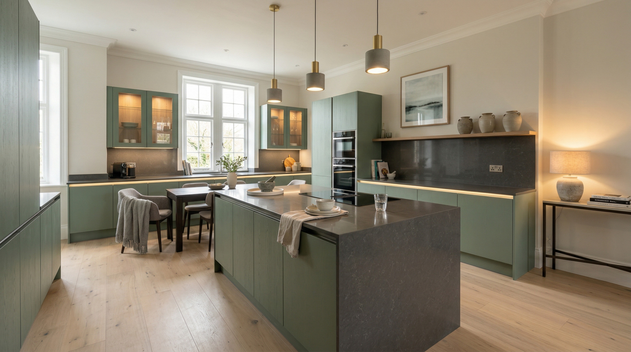 Wide view of a newly completed bespoke Mastercraft kitchen, contemporary painted lay-on cabinetry in monument grey tones