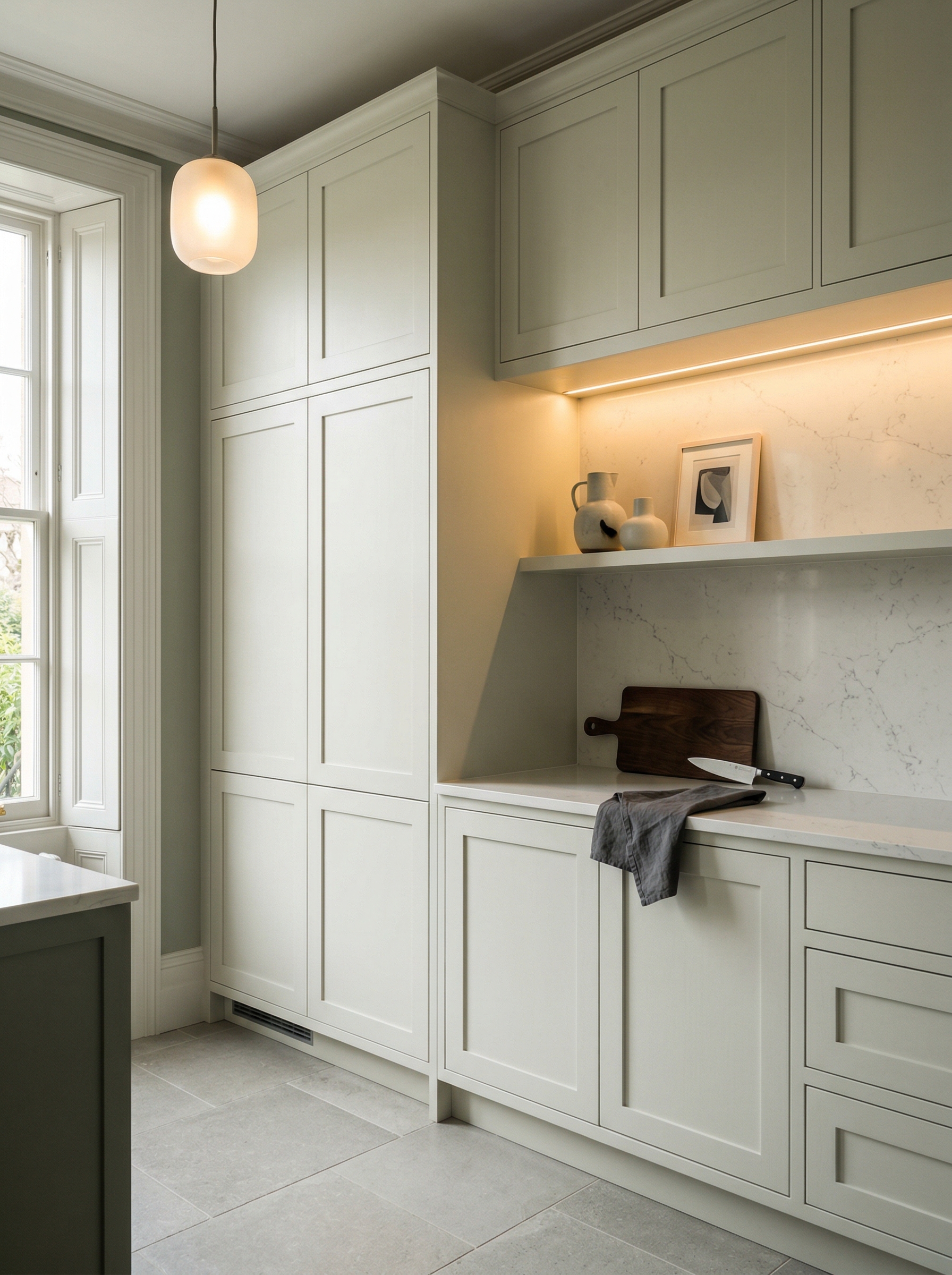 Tall view of full-height bespoke kitchen cabinetry, contemporary painted lay-on cabinetry