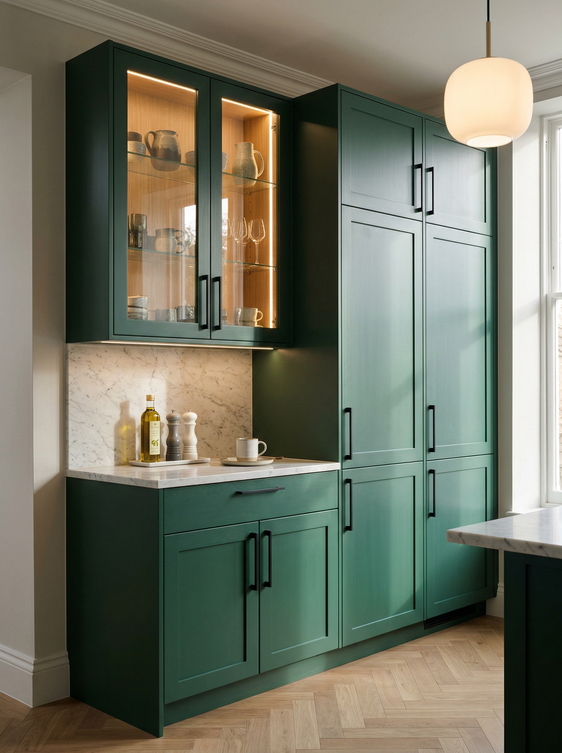 Bespoke kitchen installation, full-height cabinetry and considered storage design