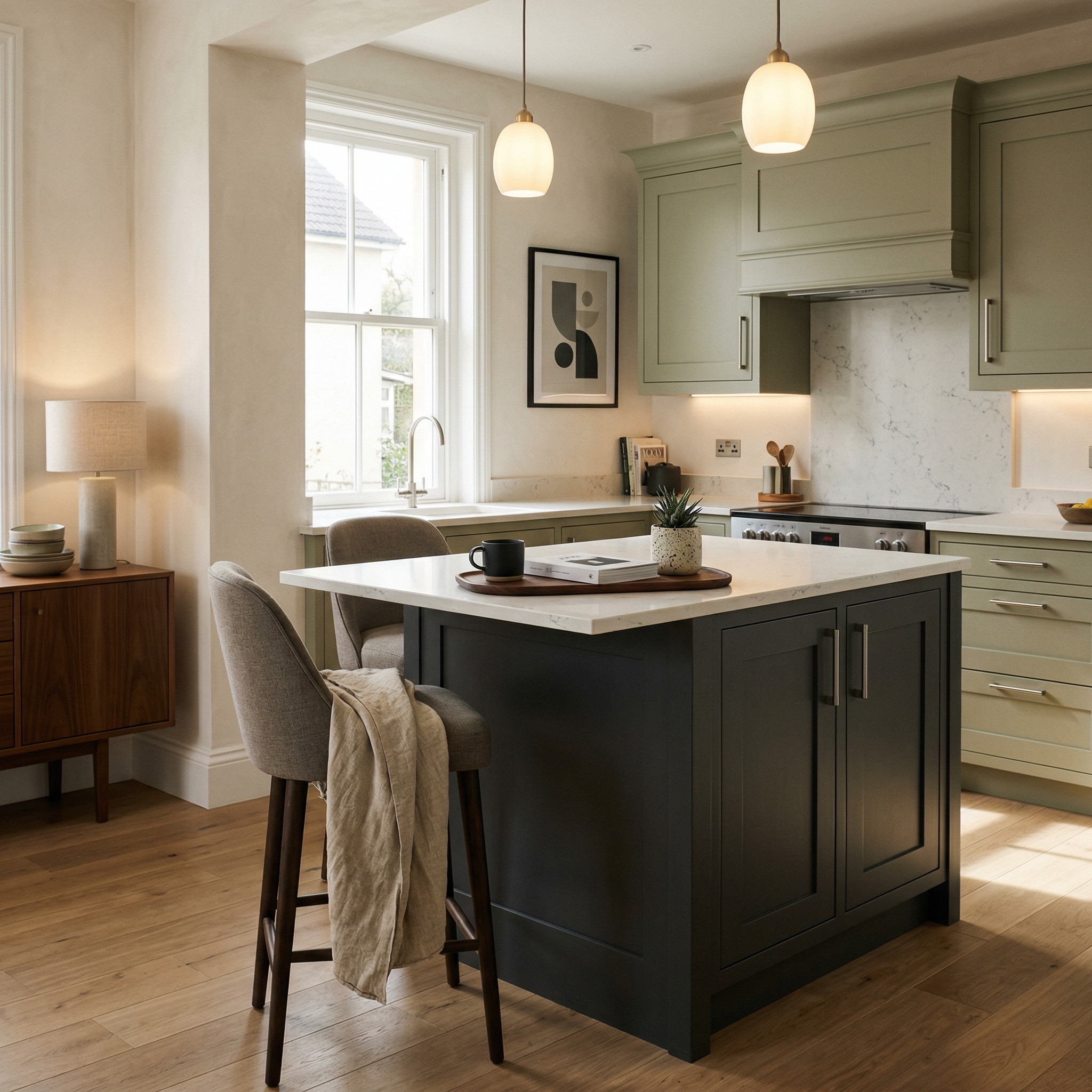 Bespoke kitchen island detail, contemporary painted lay-on cabinetry with quality joinery